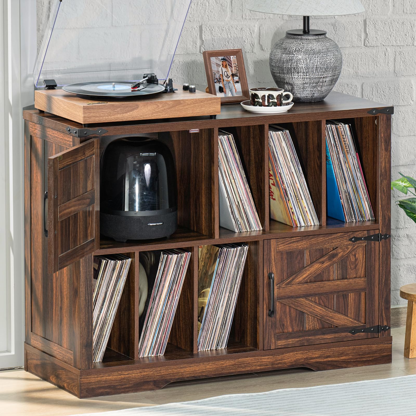 Large Record Player Stand with Vinyl Storage Up to 450 Albums, 39 Inch Farmhouse Wood Navy Blue Vinyl Records Storage Cabinet with Barn Doors, Mid-Century Turntable Stand for Living Room