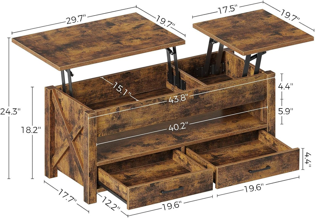 Seventable Coffee Table, 47.2" Lift Top Coffee Table with 2 Storage Drawers and Hidden Compartment, Farmhouse Center Table with Wooden Lift Tabletop, for Living Room,Rustic Brown