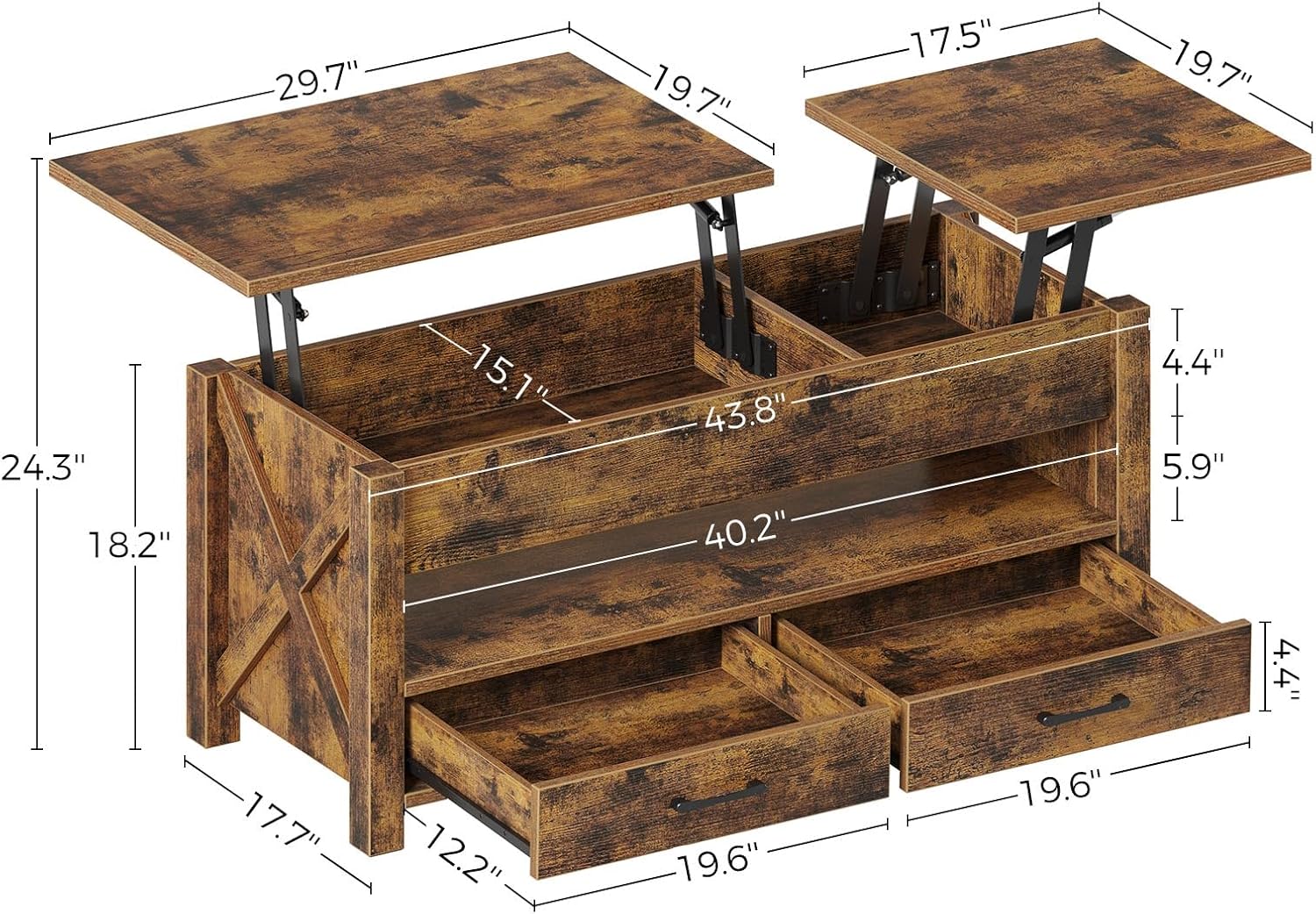 Seventable Coffee Table, 47.2" Lift Top Coffee Table with 2 Storage Drawers and Hidden Compartment, Farmhouse Center Table with Wooden Lift Tabletop, for Living Room,Rustic Brown