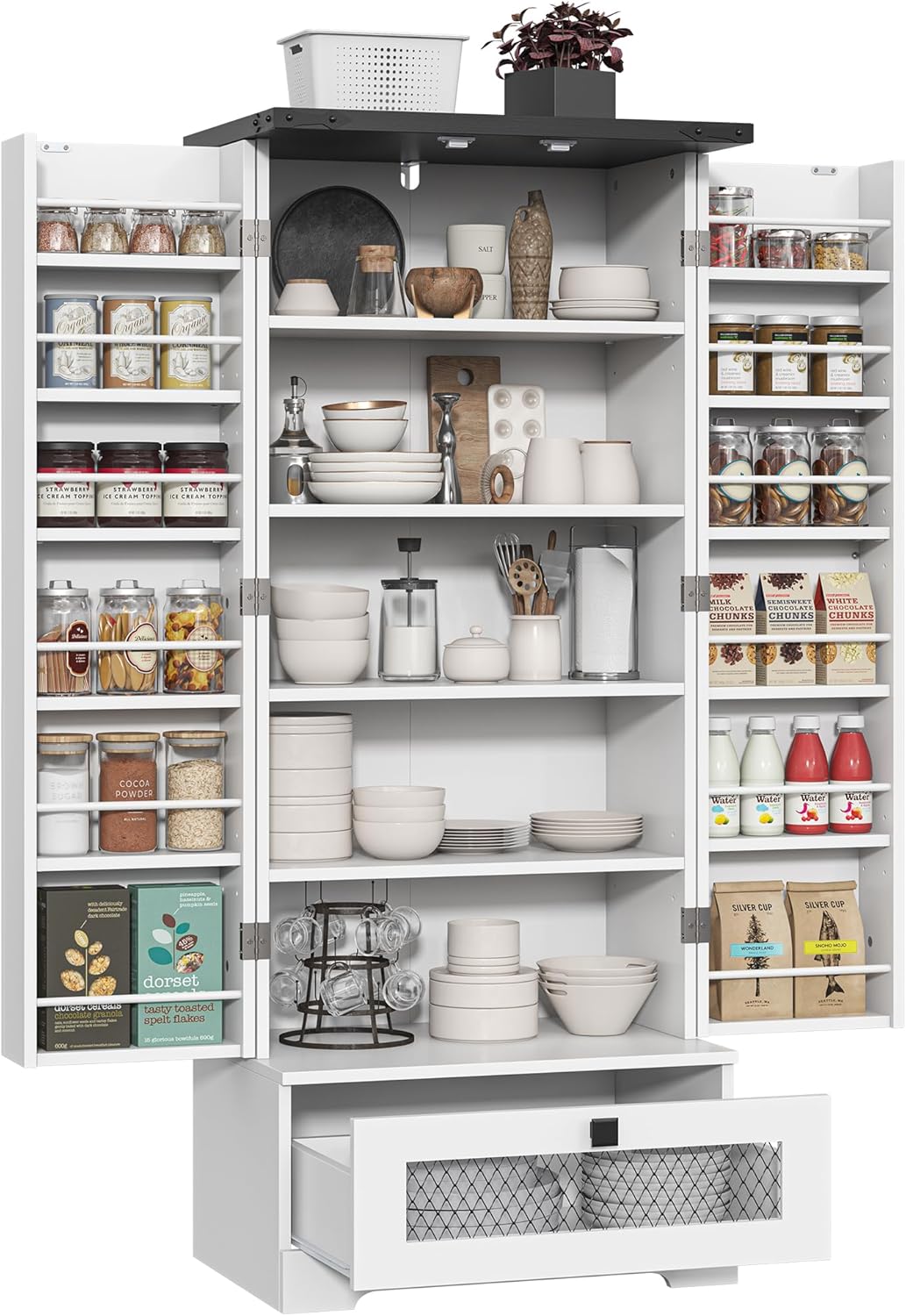 55'' Pantry Storage Cabinet with Adjustable Shelves and Drawer, Buffet Cupboard for Kitchen, Living Room, Bathroom, Dining Room