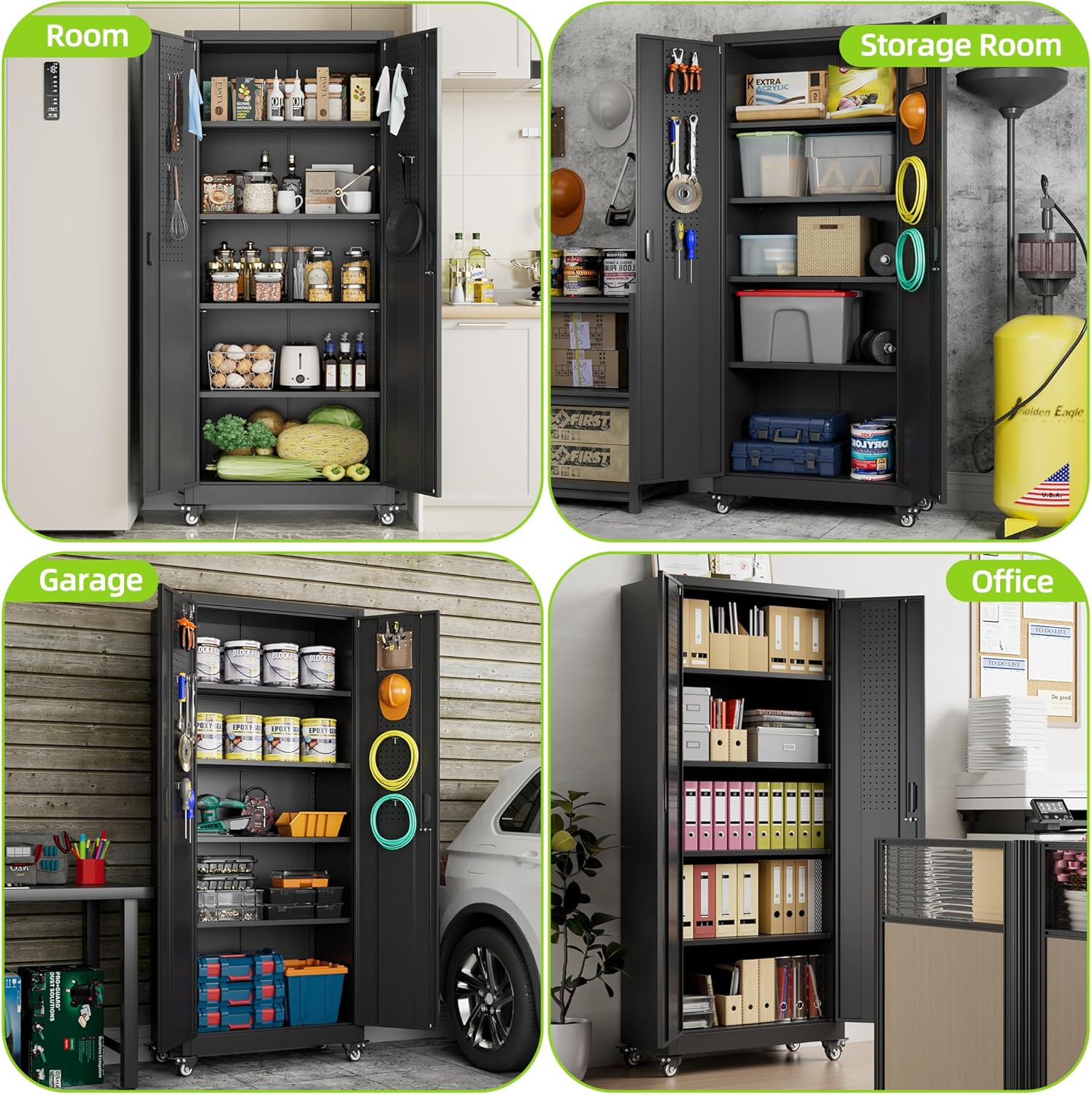 Aobabo 73''H Metal Garage Storage Cabinet with Wheels,Steel Cabinets with 2 Doors and 4 Adjustable Shelves for Home Office,Required Assembly,Black