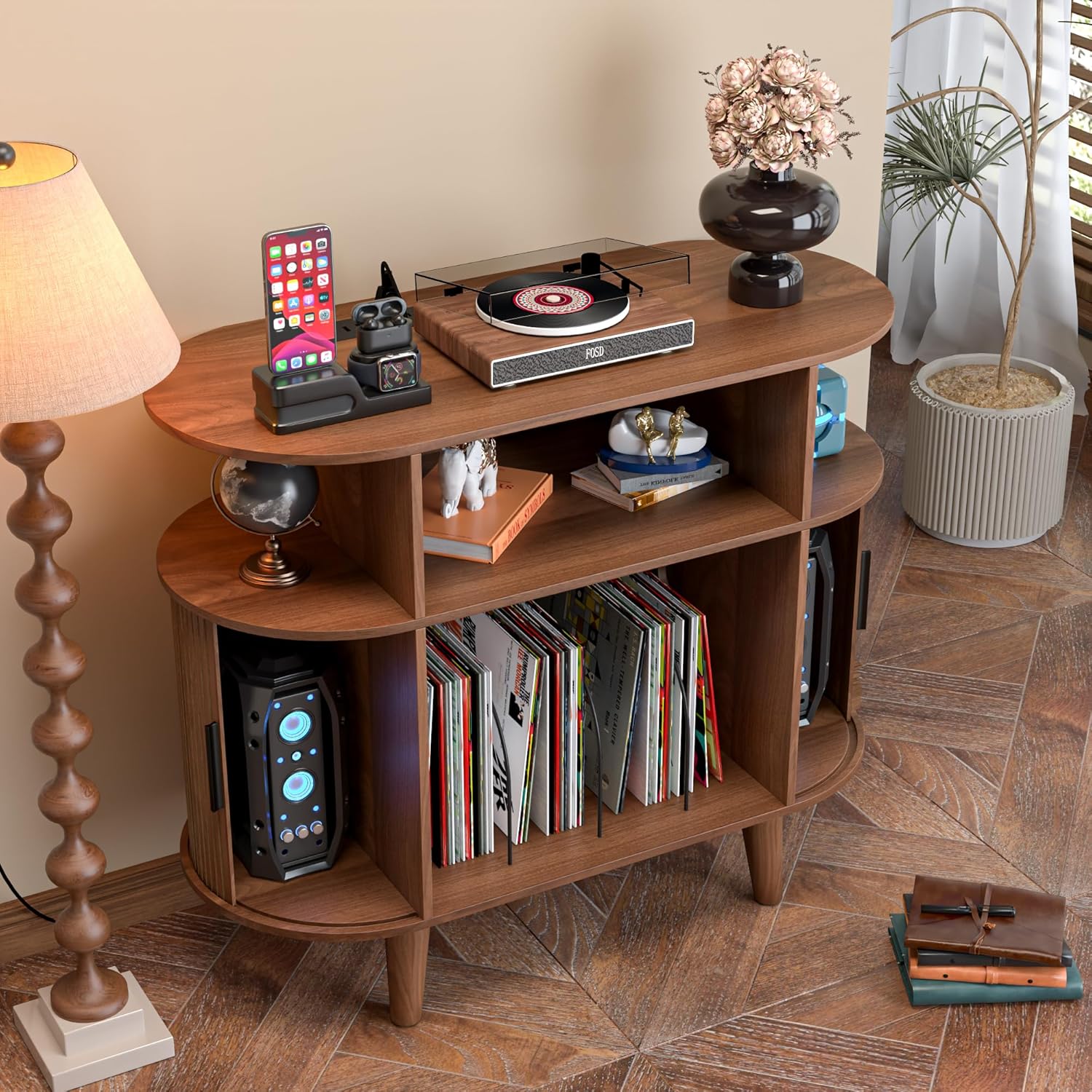 Large Round Record Player Stand with Charging Station & USB Ports，Record Storage Cabinet, Mid Century Modern Turntable Stand for Bedroom Living Room (Small Brown)