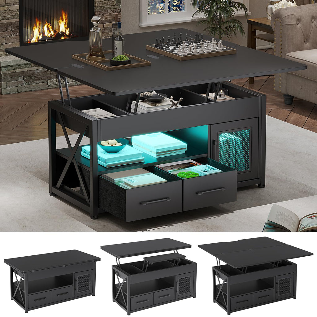 Itaar 40" Lift Top Coffee Table, 4 in 1 Coffee Tables with Storage Cabinet for Living Room, Small Farmhouse Coffee Table with 2 Fabric Drawers & LED Light for Dining Room, Grey