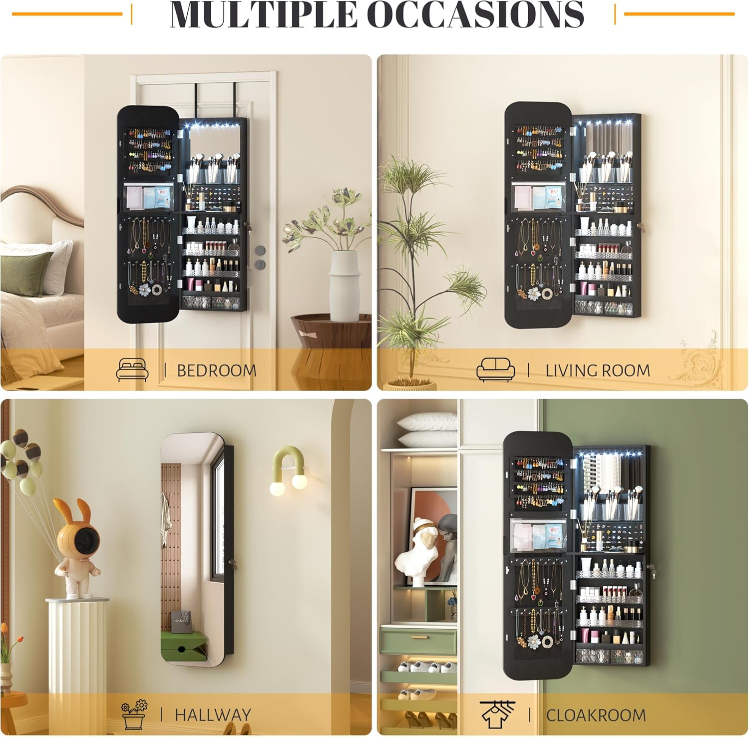 Vlsrka 47.2" LED Mirror Jewelry Cabinet, Wall/Door Mounted Full Length Mirror with Storage, Lockable Jewelry Armoire with Mirror, Rounded Corner Hanging Mirror Jewelry Organizer, Black