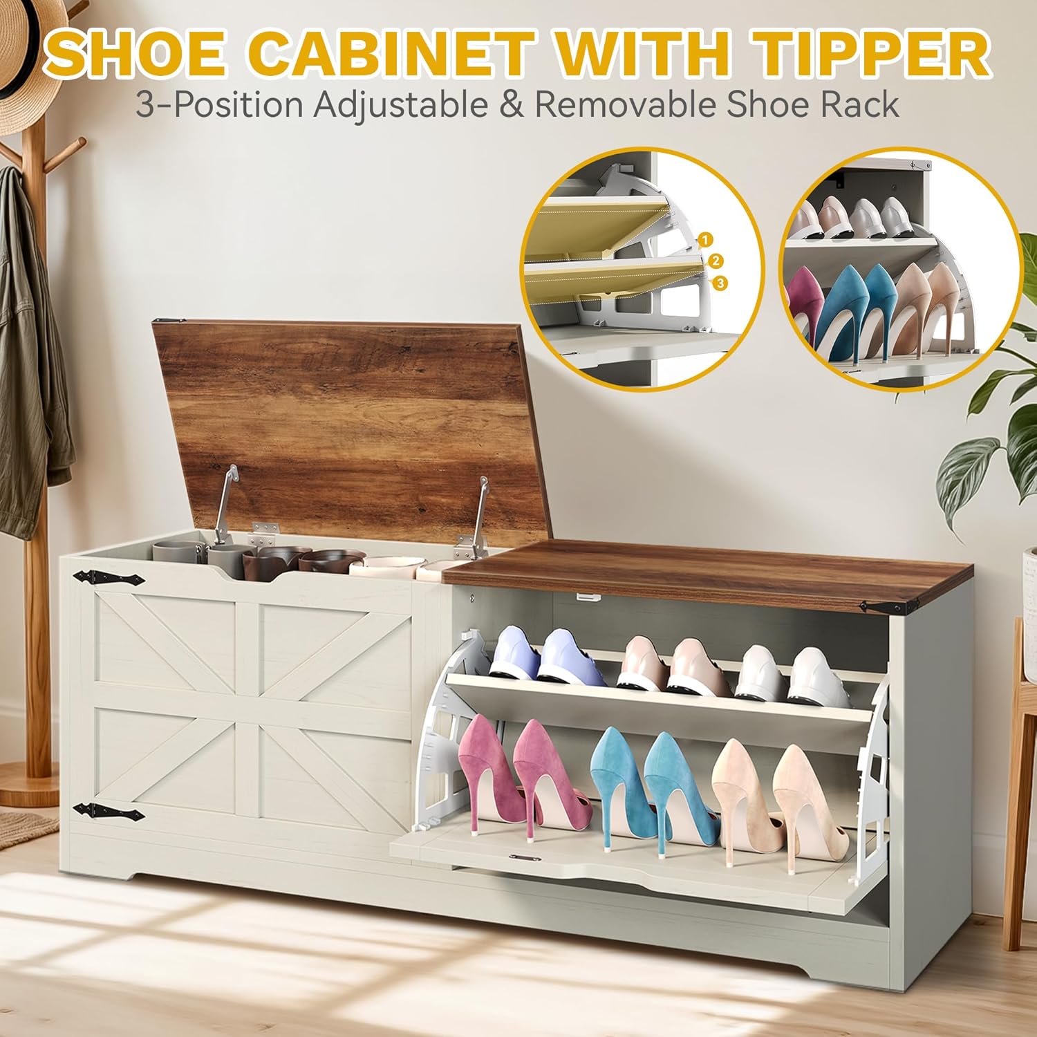 DWVO Shoe Storage Bench, 55" L Shoe Cabinet with 3 Flip Drawer & Flip-Top Storage, Farmhouse Modular Tilt-Out Organizer for Entryway, Mudroom, Bedroom