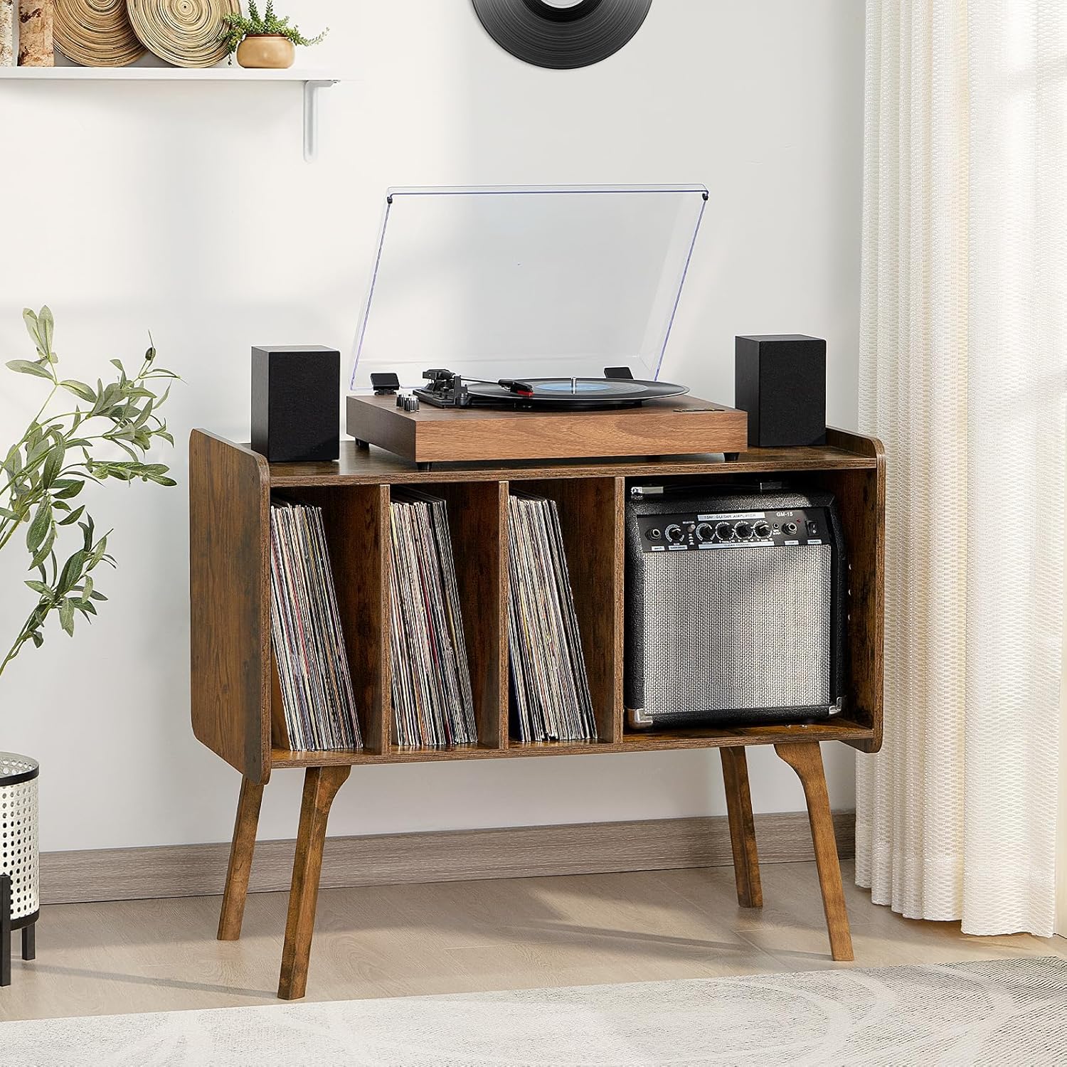 Lerliuo Record Player Stand with 4 Cabinet Holds Up to 220 Albums, Large Turntable Stand with Beech Wood Legs, Mid-Century Record Player Table,Brown Vinyl Holder Storage Shelf for Bedroom Living Room
