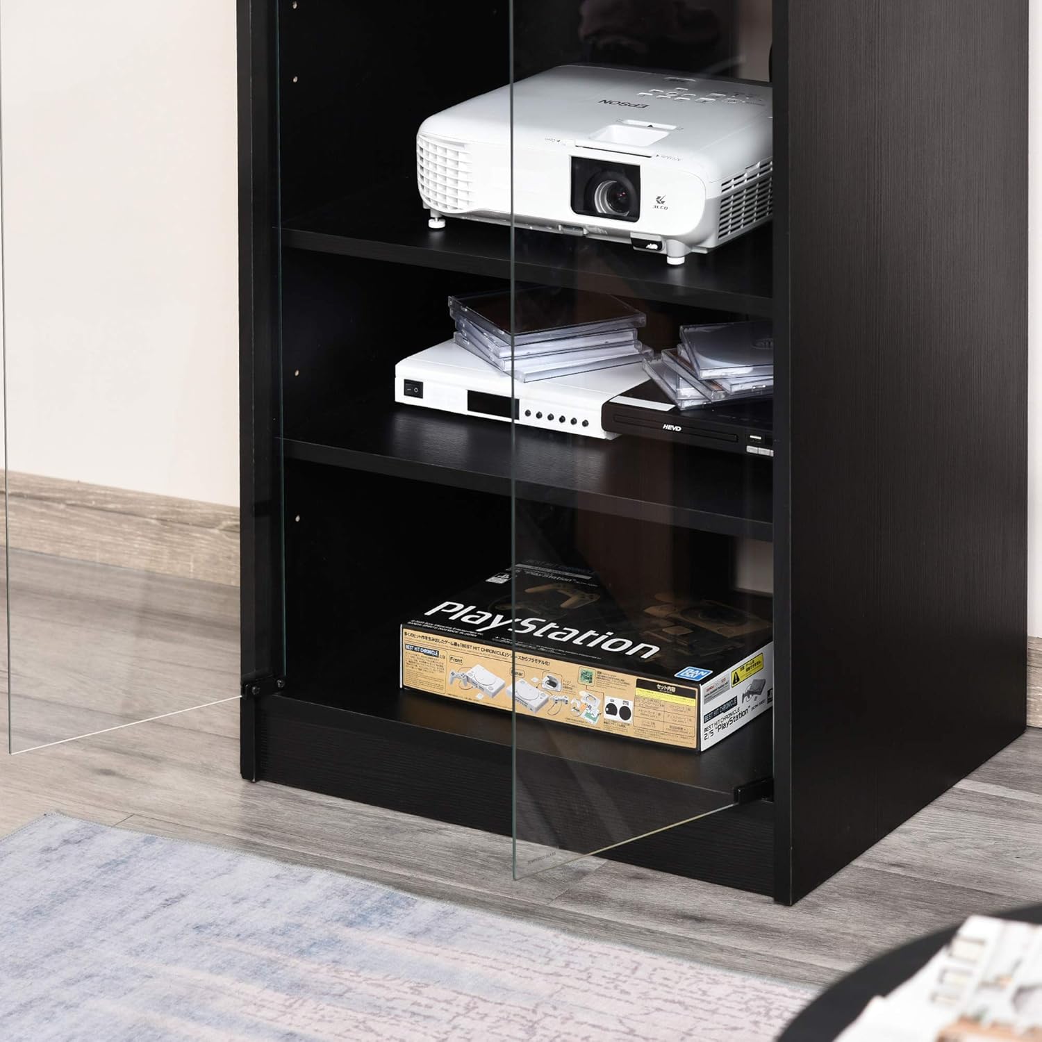 HOMCOM Media Cabinet, 4-Tier Stereo Cabinet, Record Player Stand with Vinyl Record Storage, Adjustable Shelves, Tempered Glass Doors and Cable Management, Distressed Black