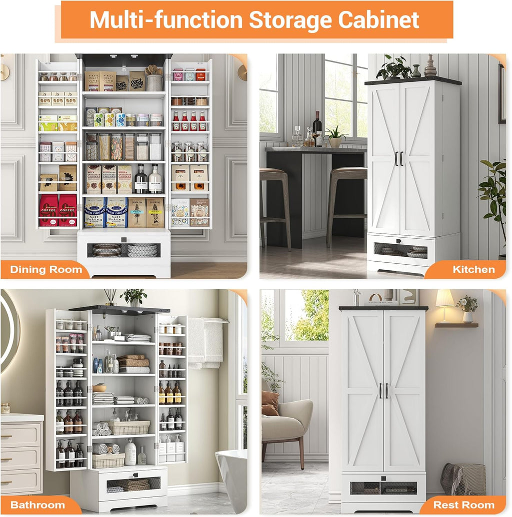 55'' Pantry Storage Cabinet with Adjustable Shelves and Drawer, Buffet Cupboard for Kitchen, Living Room, Bathroom, Dining Room