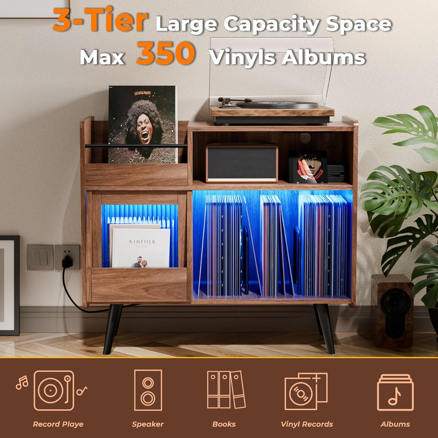 Large Record Player Stand,Turntable Stand Shelf with with Power Outlet and LED Light,Vinyl Record Storage Cabinet Up to 350 Albums, Wood Record Player Holder Table for Living Room