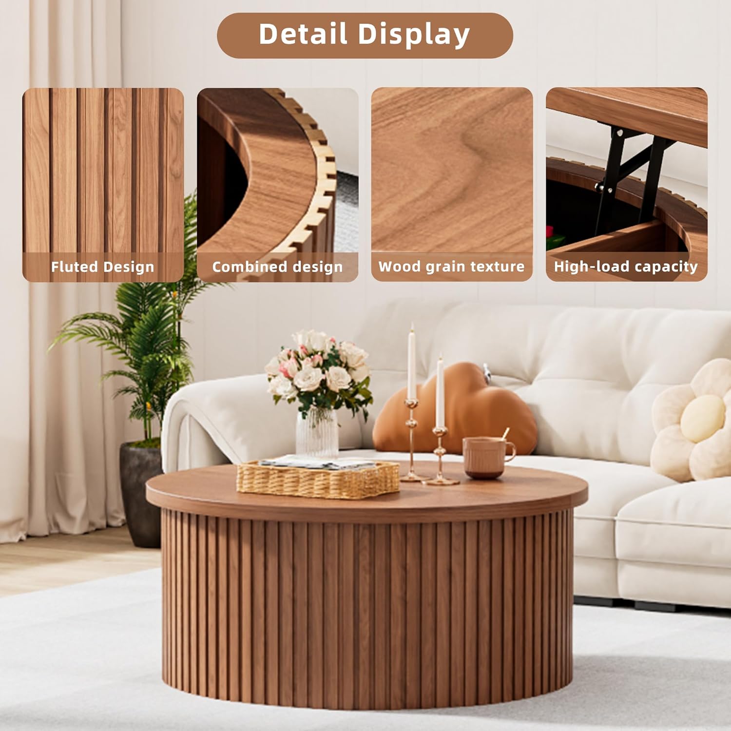 Round Fluted Lift Top Coffee Table with Storage, 34.6'' Farmhouse Round Coffee Tables for Living Room, Circle Wood Accent Center Table for Home, Office (Walnut)