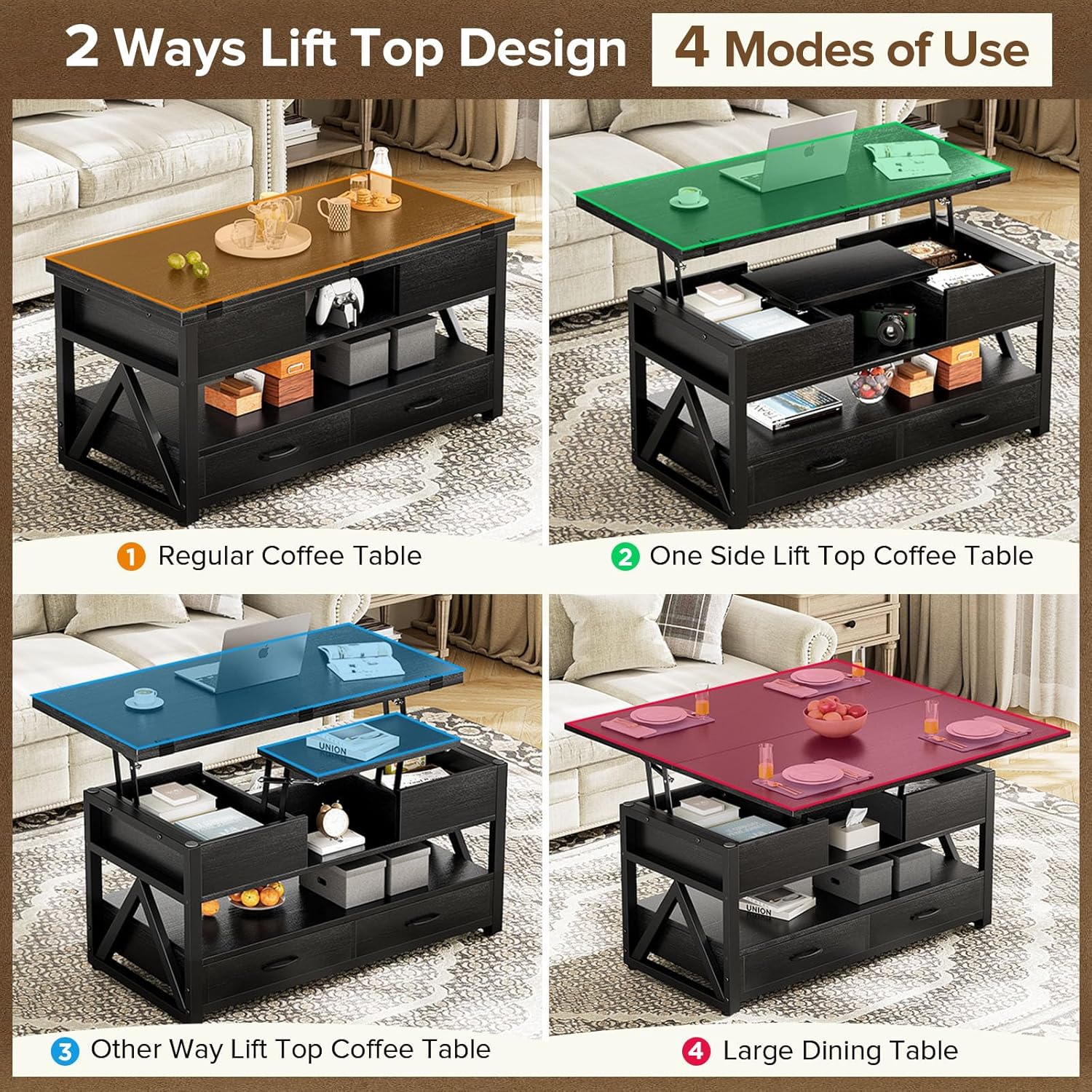 40" Lift Top Coffee Table,4 in 1 Multi-Function Lift Coffee Tables with Storage Drawers and Hidden Compartmen,Farmhouse Coffee Table with Lifting top for Living Room,Black