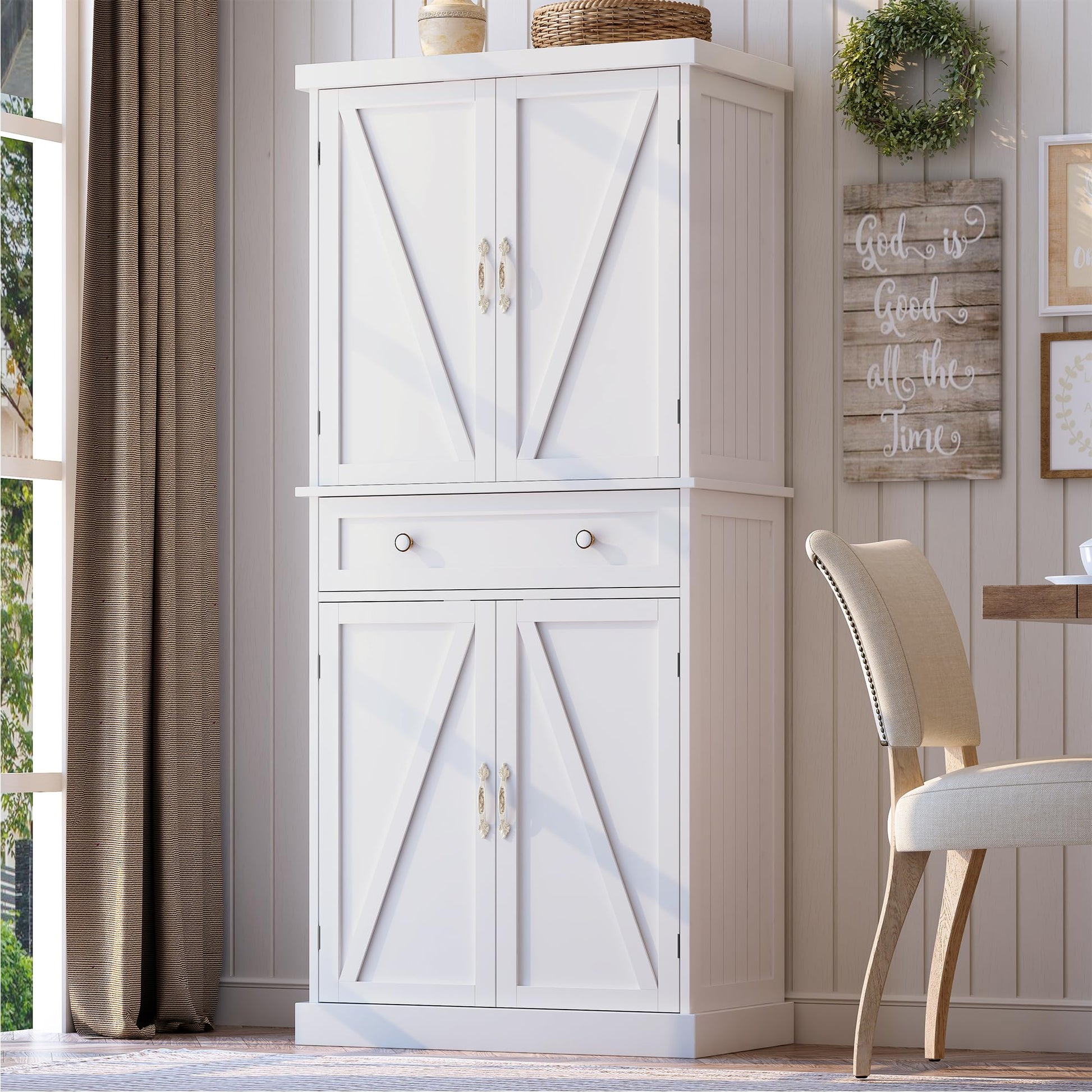 55'' Pantry Storage Cabinet with Adjustable Shelves and Drawer, Buffet Cupboard for Kitchen, Living Room, Bathroom, Dining Room