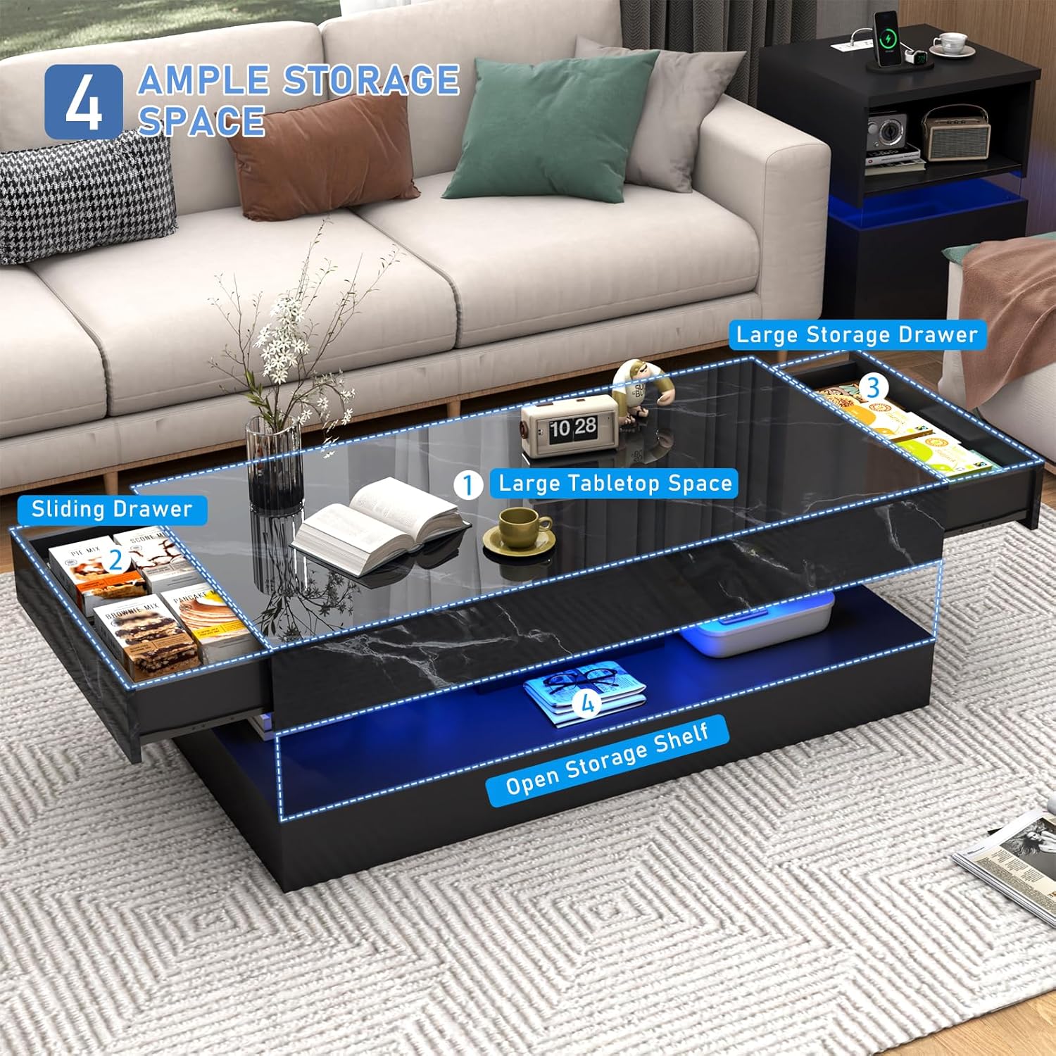 47inch Large High-Glossy LED Coffee Table with 2 Sliding Drawers, Living Room Storage Tables with Marbling Print, Modern Stylish Double-Layer Center Tables w/LED Lights, Black
