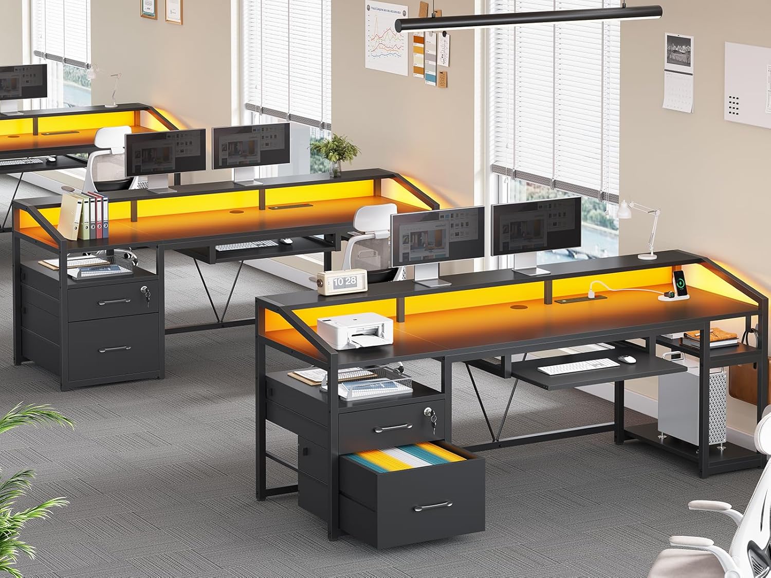 SEDETA 63" Computer Desk, Office Desk with Lockable Drawers for Legal/Letter File, Gaming Desk with LED Lights & Power Outlet, Home Office Desks with Storage, Black