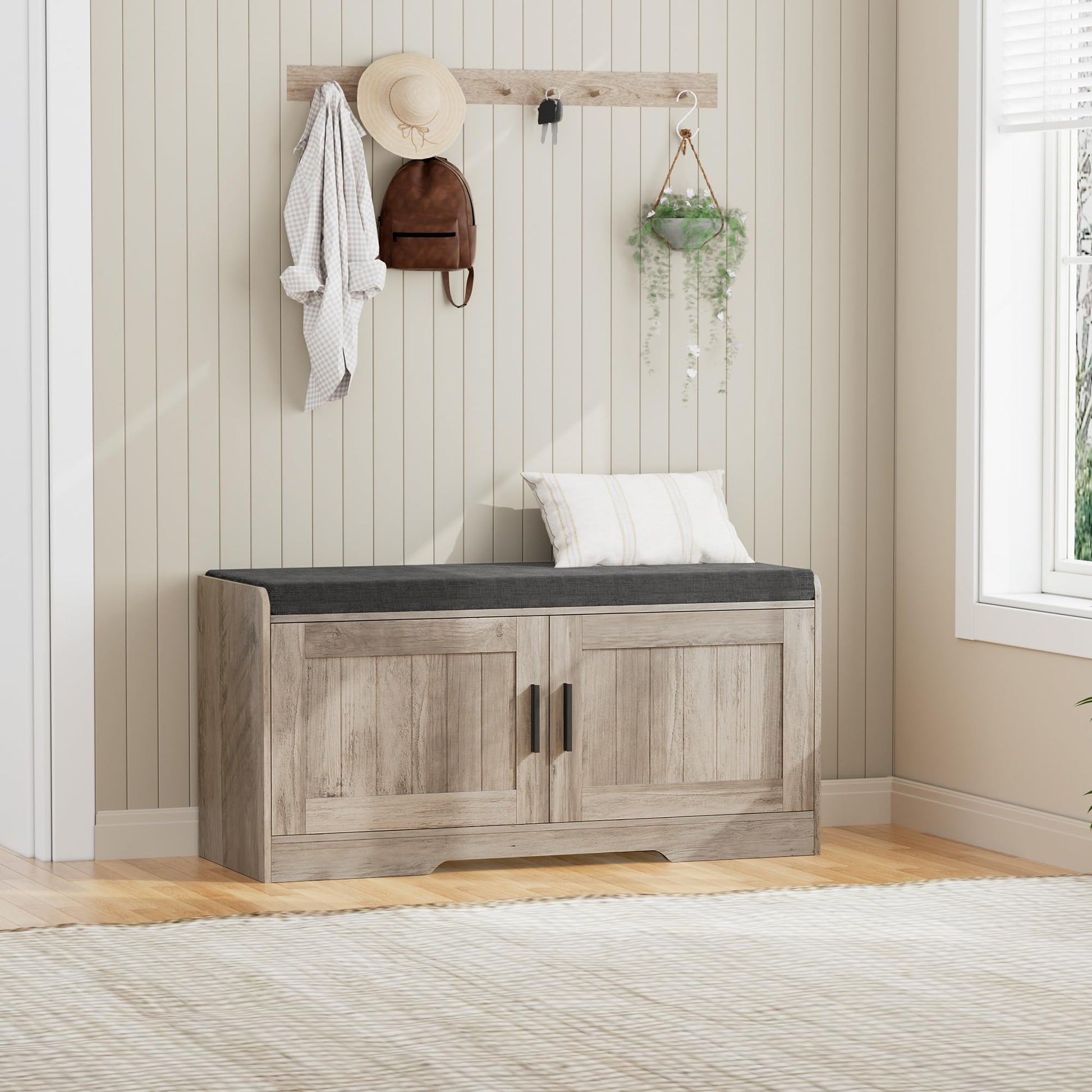 2-Tier Storage Bench, Shoe Bench with Thickened Padded Seat Cushion, Entryway Bench with 4 Doors, Adjustable Shelf, 13.8" D x 45.3" W x 18.5" H, for Entryway, Living Room, Bedroom, White