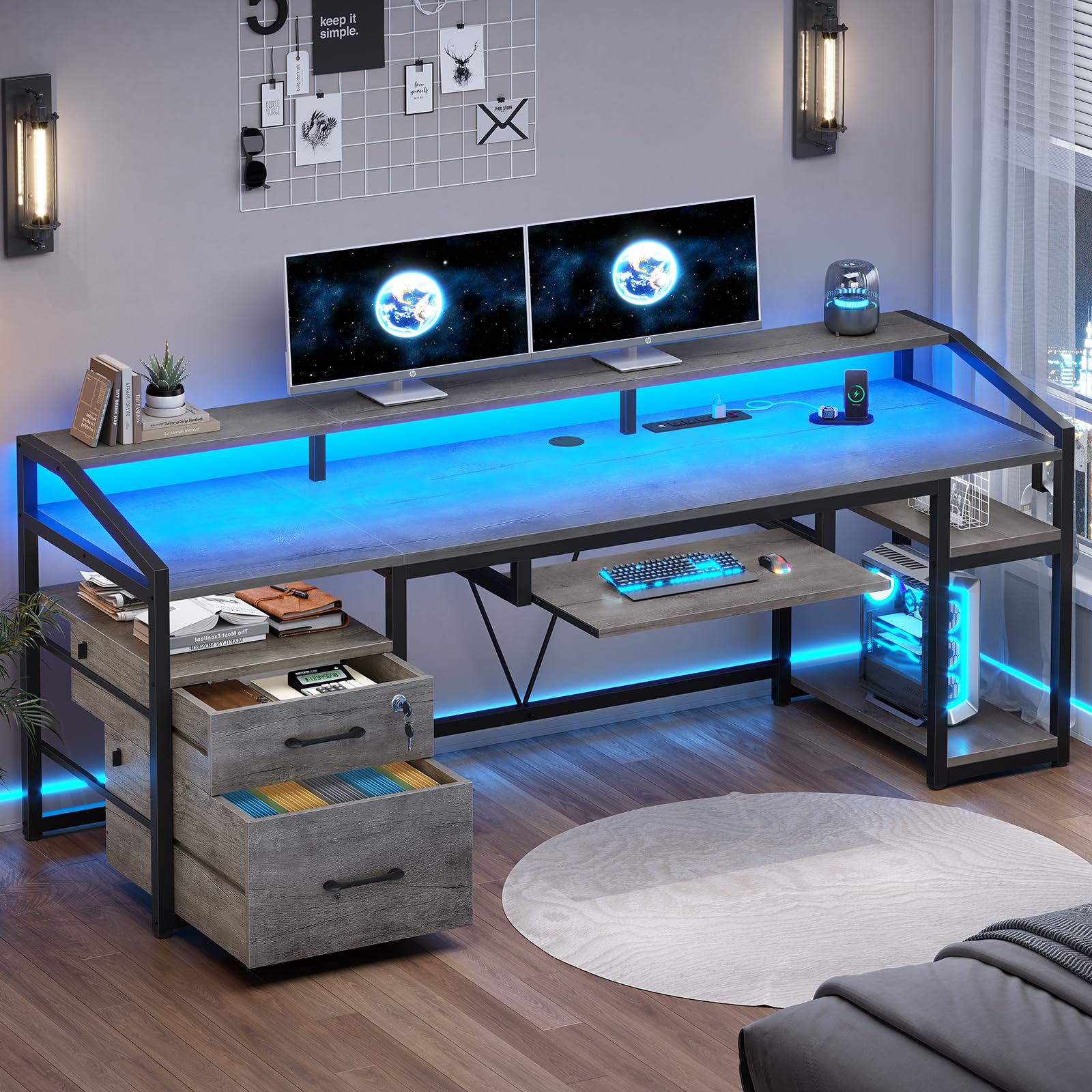 SEDETA 63" Computer Desk, Office Desk with Lockable Drawers for Legal/Letter File, Gaming Desk with LED Lights & Power Outlet, Home Office Desks with Storage, Black