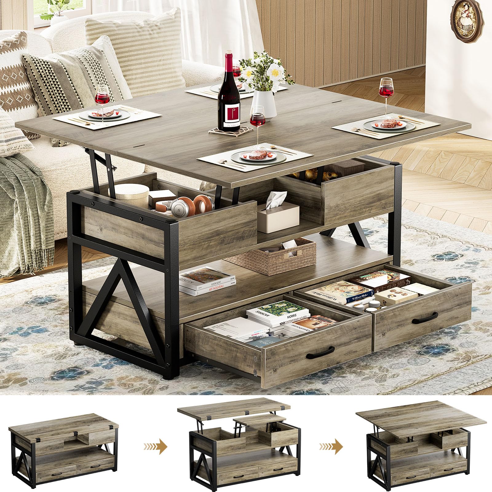 40" Lift Top Coffee Table,4 in 1 Multi-Function Lift Coffee Tables with Storage Drawers and Hidden Compartmen,Farmhouse Coffee Table with Lifting top for Living Room,Black