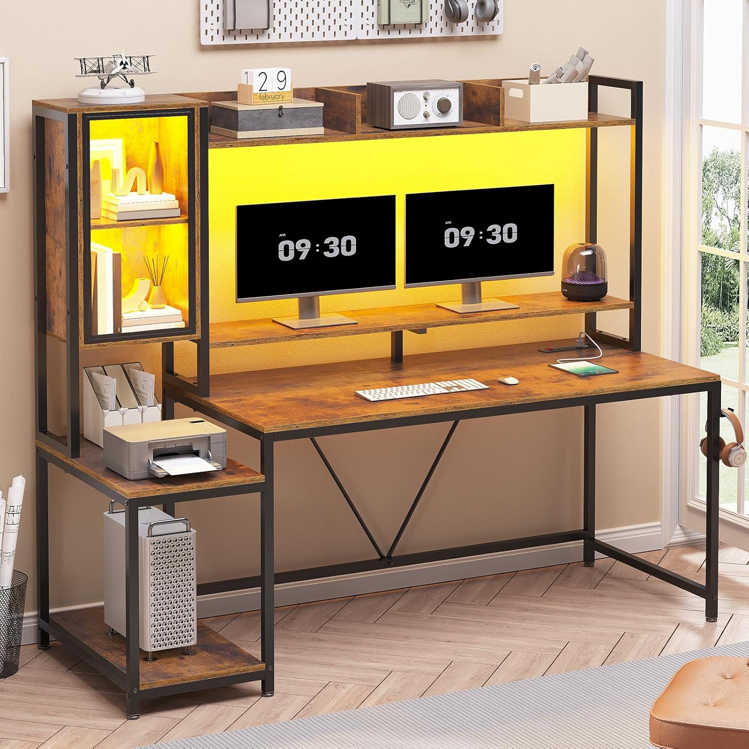 SEDETA Gaming Desk, 60'' Gaming Desk with Hutch and LED Lights, Computer Desk with Storage Shelves, Large PC Gamer Desk with Display Cabinet, Monitor Stand, Power Outlet for Home Office, Rustic Brown