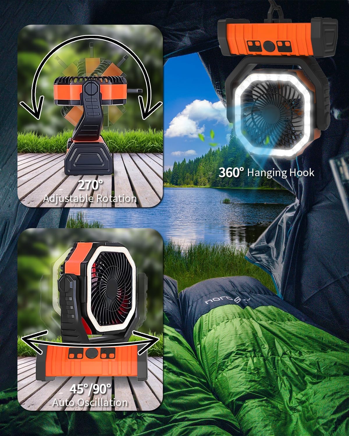 ADUST Portable Battery Powered Operated Fan with LED Lantern Light Cordless 20000mAh Rechargeable Camping Fan for Tents, 4 Speeds, Auto Oscillating, 270° Rotation 360° Hanging Hook, Desk Fan(Orange)