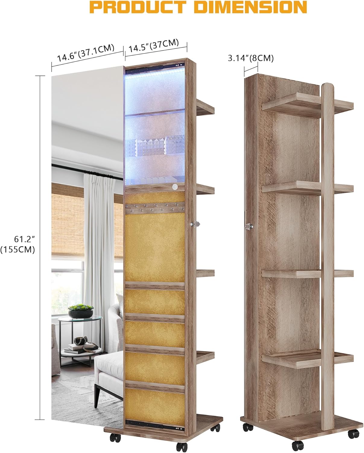Lvifur 360° Rotating LED Jewelry Armoire,Side Pull Full Length Mirror Large Capacity Floor Standing 3 Color Dimmable Mirror Standing Jewelry Organizer Armoire with 4 Rollers,Rear Storage Shelves,Brown