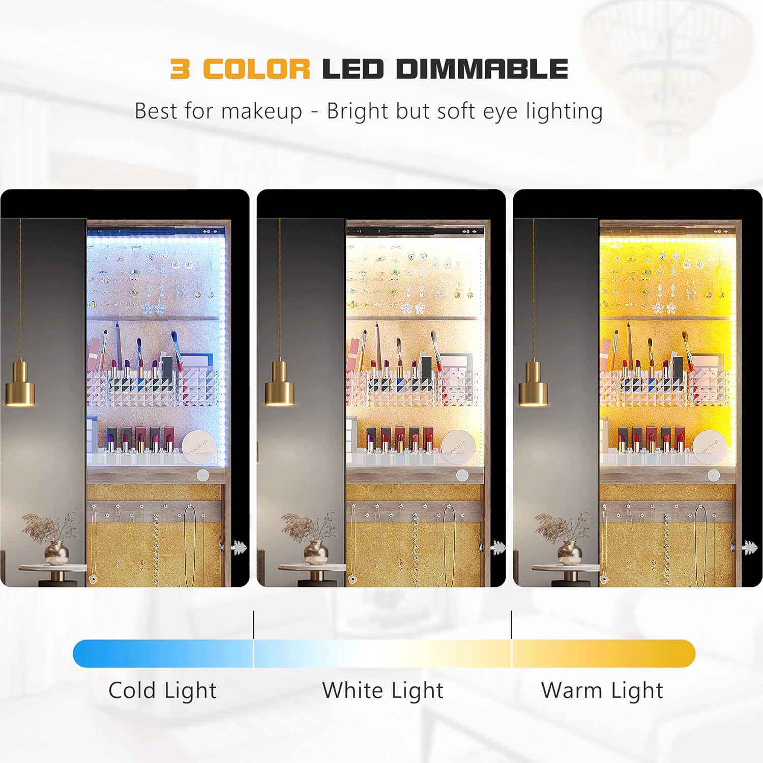 Lvifur 360° Rotating LED Jewelry Armoire,Side Pull Full Length Mirror Large Capacity Floor Standing 3 Color Dimmable Mirror Standing Jewelry Organizer Armoire with 4 Rollers,Rear Storage Shelves,Brown