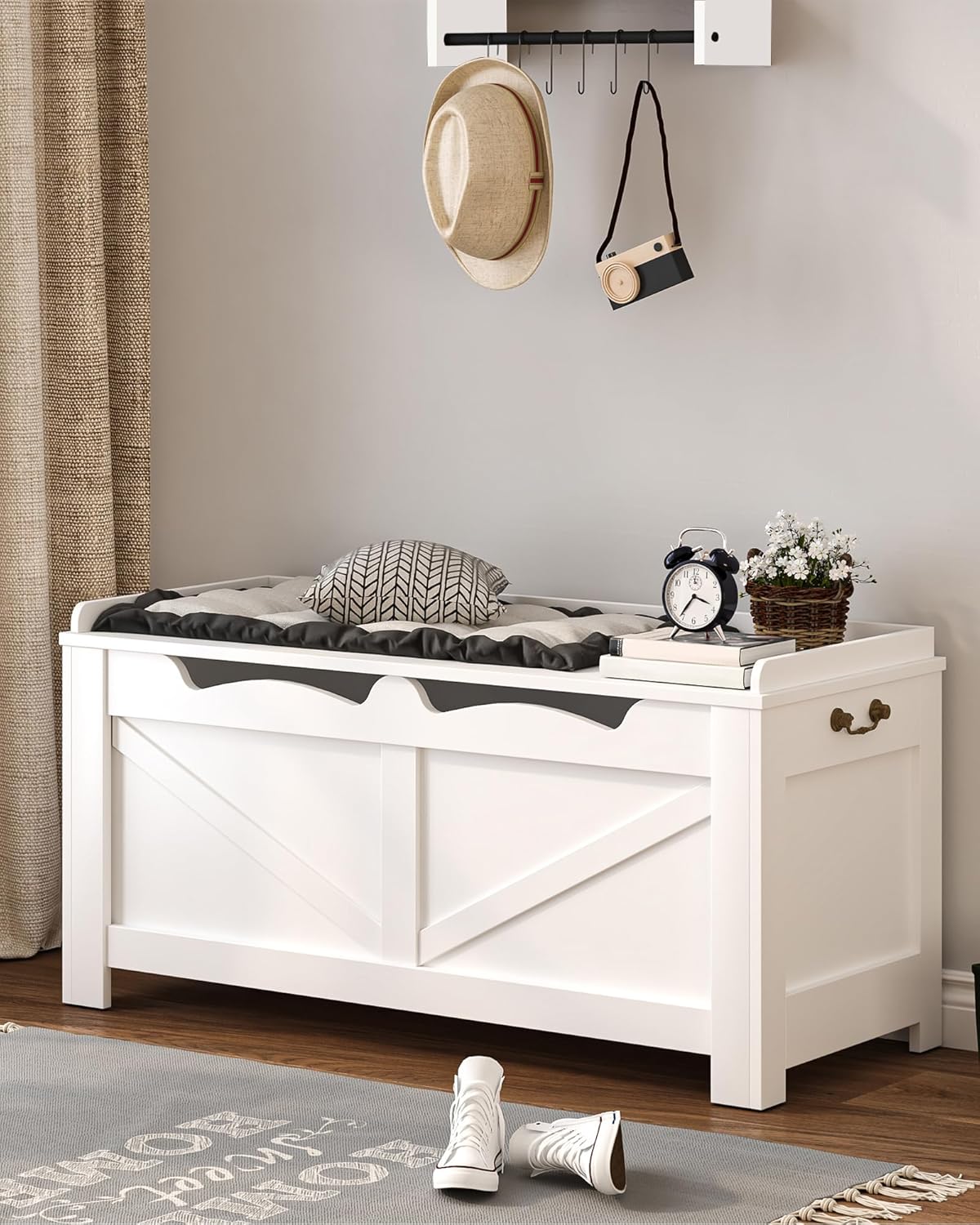 39.4" Storage Chest, Extra Large Storage Trunk with 2 Safety Hinges, Wooden Box Bench, Lift-Top Organizer Chest, Shoe Bench for Entryway, Bedroom, Living Room, White SB04503X