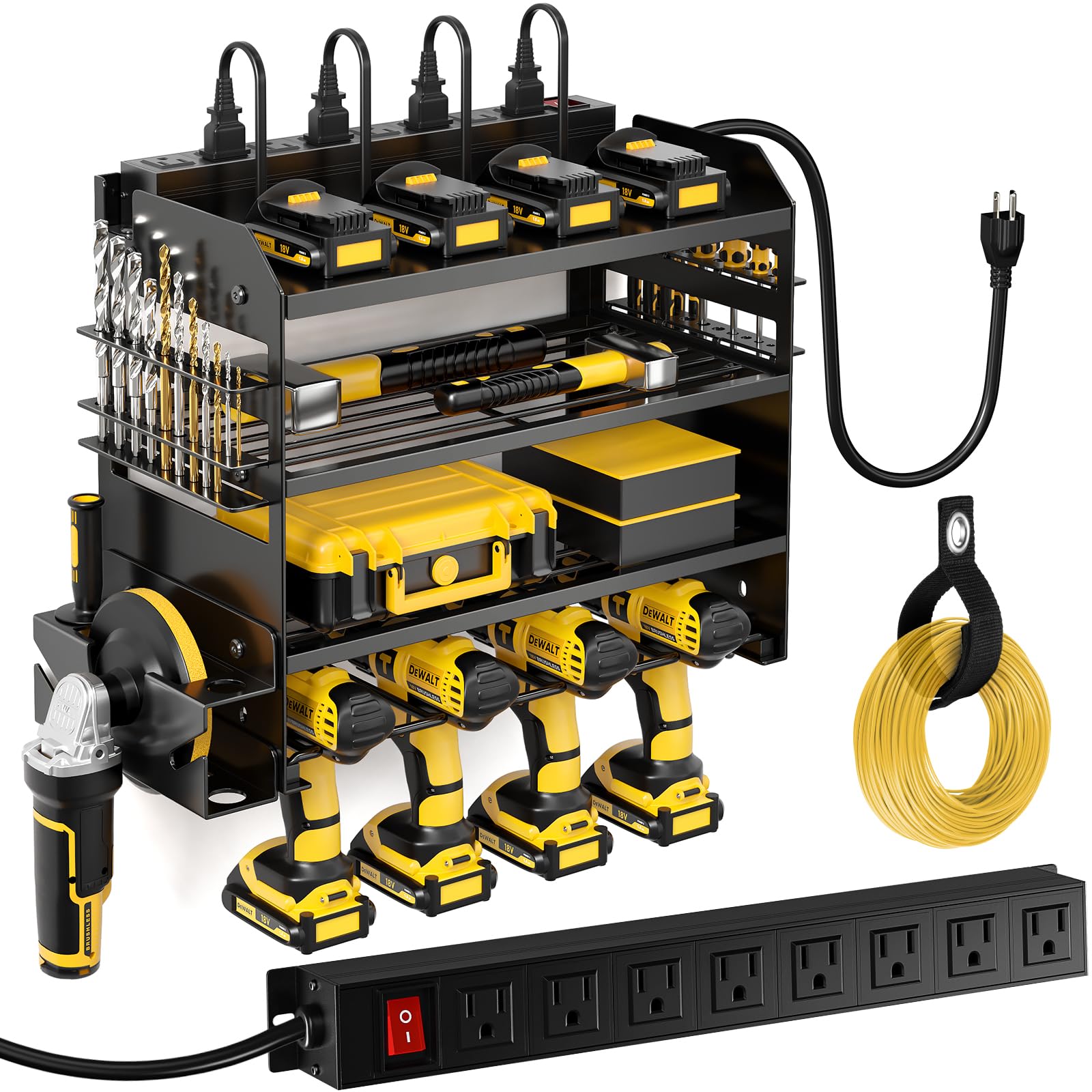 Large Power Tool Organizer Wall Mount with Charging Station,4 Layer Heavy Duty Metal Tool Storage Rack Loads 600lbs with 8 Cordless Drill Holder,Battery Utility Rack Loads with 4 Power Strip