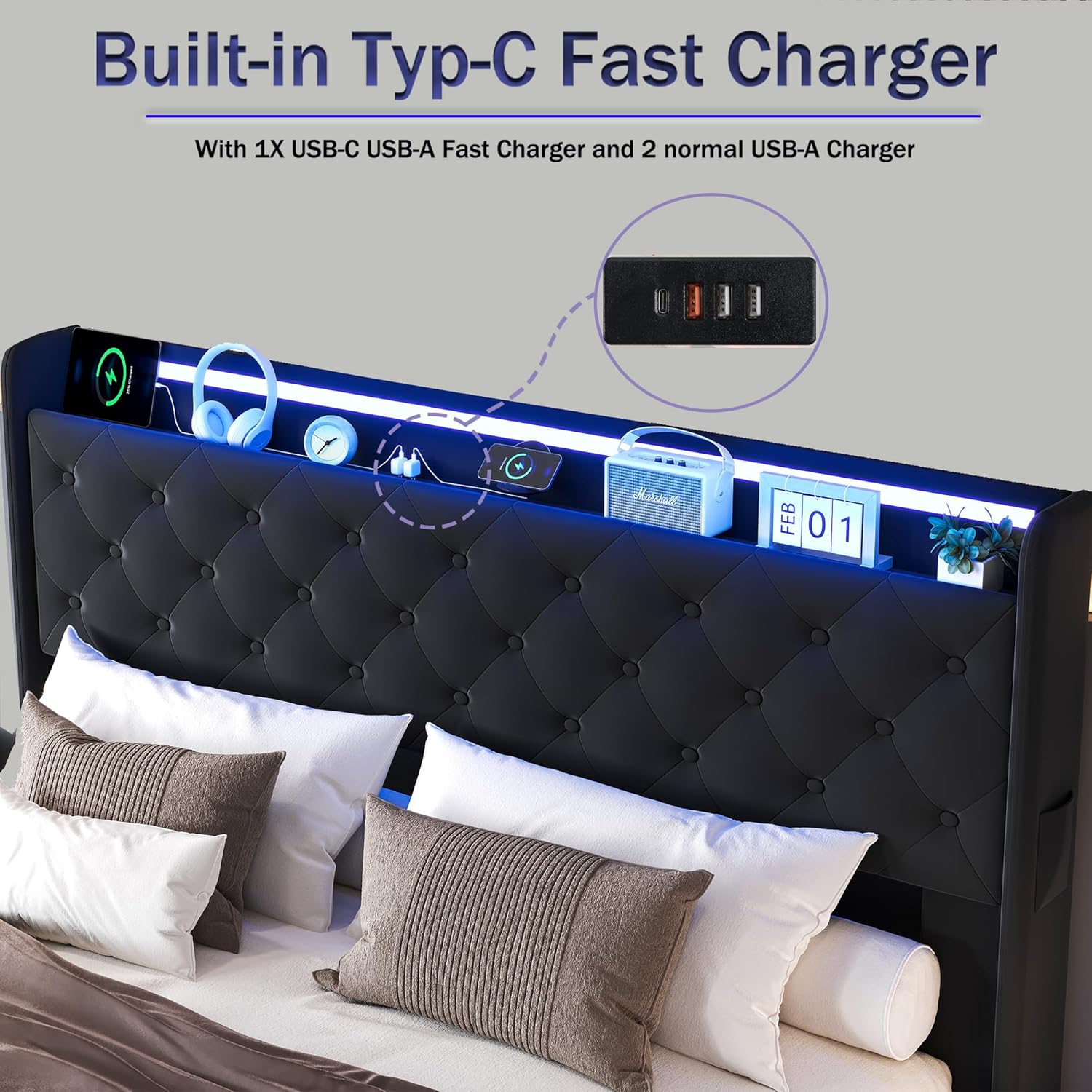 Lift Up Storage Bed Frame Queen Size with Charging Station & Led Lights, Black Upholstered Platform Bed with Wingback Storage Headboard with Pocket, Hydraulic Lift System,No Box Spring Needed