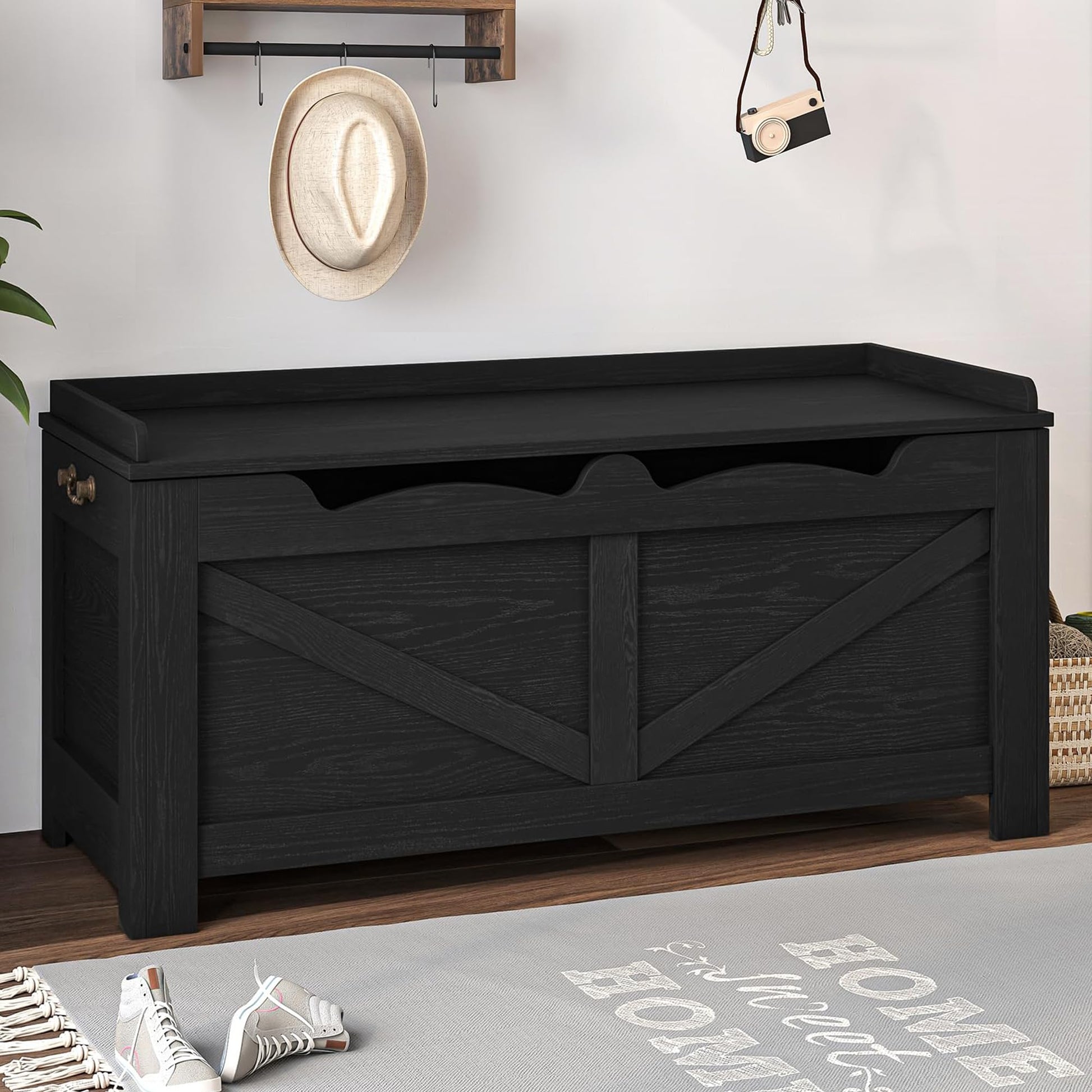39.4" Storage Chest, Extra Large Storage Trunk with 2 Safety Hinges, Wooden Box Bench, Lift-Top Organizer Chest, Shoe Bench for Entryway, Bedroom, Living Room, White SB04503X