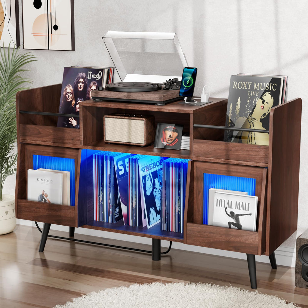 Large Record Player Stand,Turntable Stand Shelf with with Power Outlet and LED Light,Vinyl Record Storage Cabinet Up to 350 Albums, Wood Record Player Holder Table for Living Room