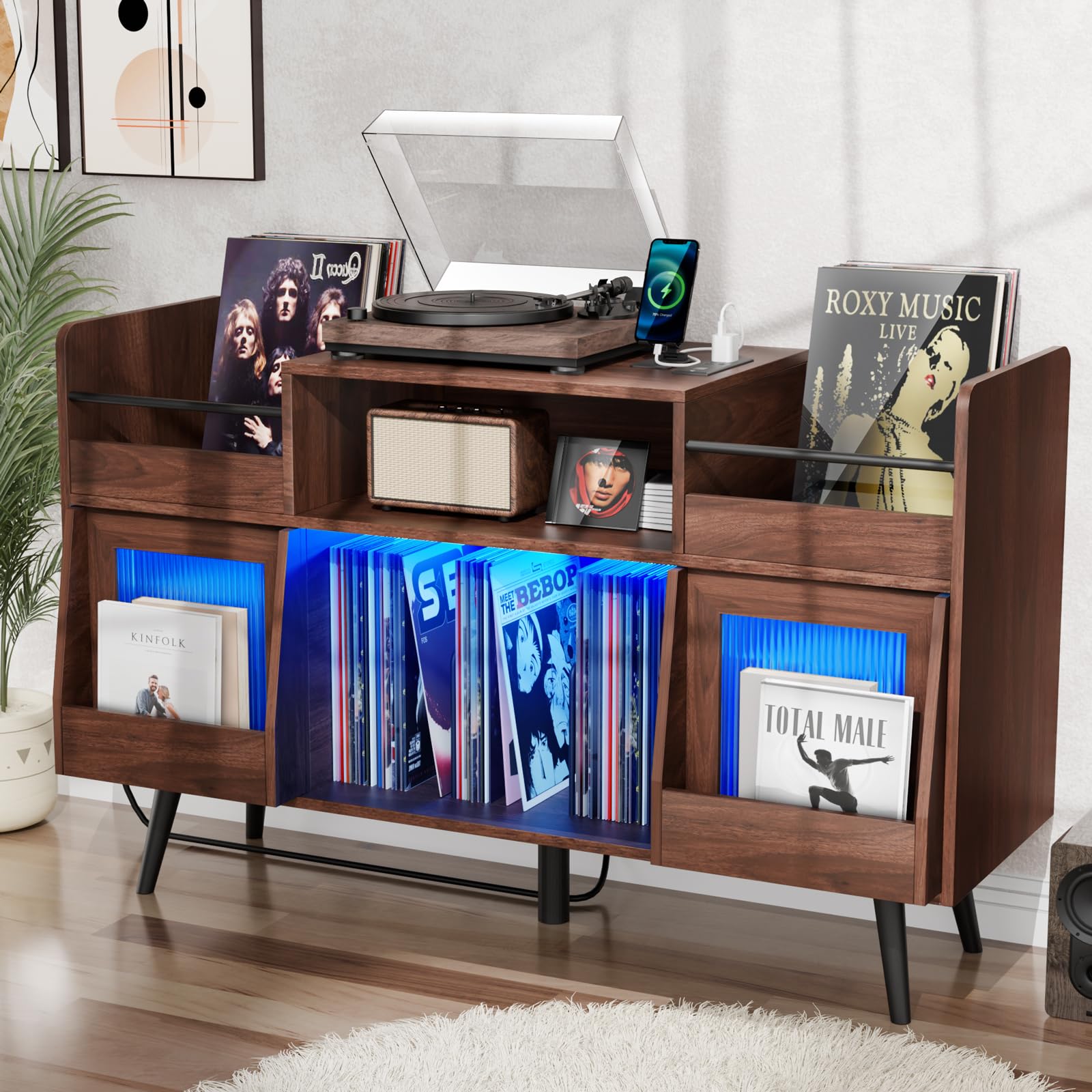 Large Record Player Stand,Turntable Stand Shelf with with Power Outlet and LED Light,Vinyl Record Storage Cabinet Up to 350 Albums, Wood Record Player Holder Table for Living Room