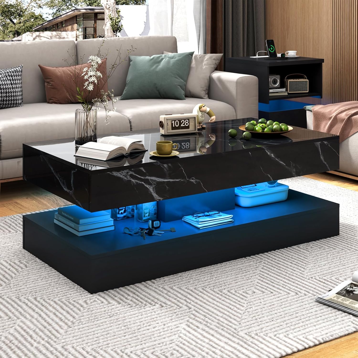 47inch Large High-Glossy LED Coffee Table with 2 Sliding Drawers, Living Room Storage Tables with Marbling Print, Modern Stylish Double-Layer Center Tables w/LED Lights, Black
