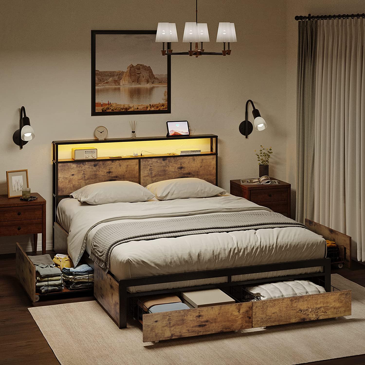 Full Bed Frame with Storage Headboard and 4 Drawers Bed Frame Full Size with Charging Station LED Lights Metal Platform Non-Slip Without Noise No Box Spring Needed