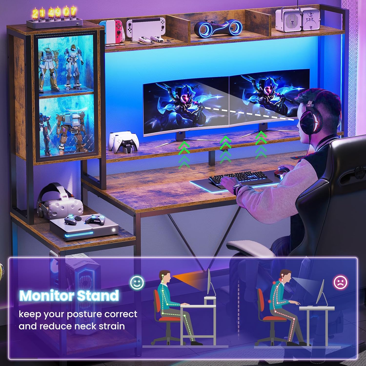 SEDETA Gaming Desk, 60'' Gaming Desk with Hutch and LED Lights, Computer Desk with Storage Shelves, Large PC Gamer Desk with Display Cabinet, Monitor Stand, Power Outlet for Home Office, Rustic Brown