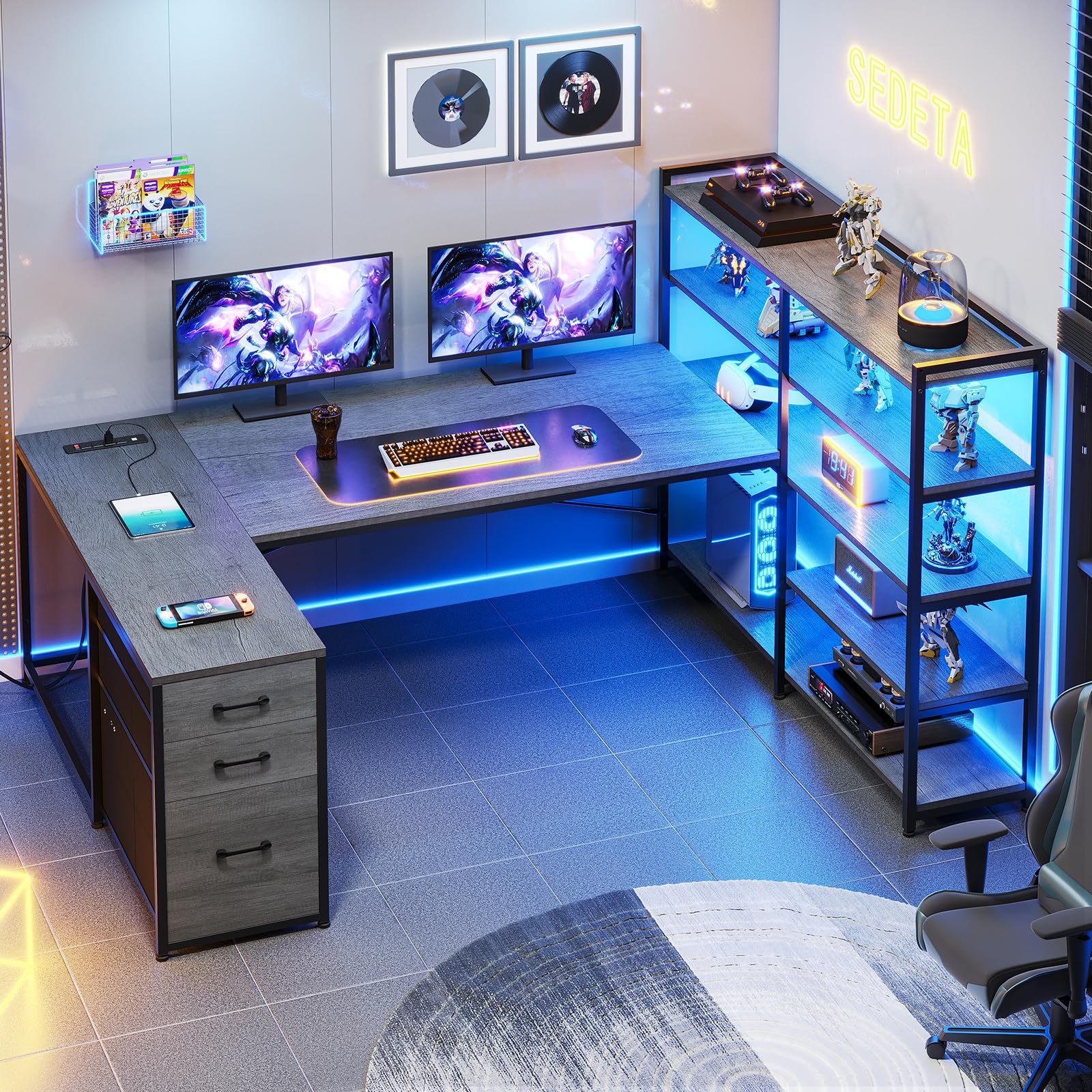 SEDETA L Shaped Gaming Desk, Reversible U Shaped Computer Desk with Power Outlet and Storage Shelves, Corner Gaming Desk with LED Lights, 3 Fabric Drawers, Black