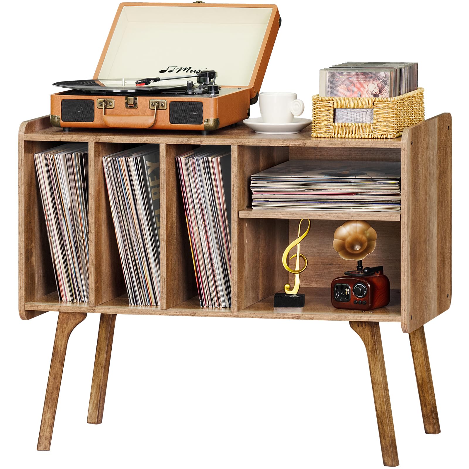 Lerliuo Record Player Stand with 4 Cabinet Holds Up to 220 Albums, Large Turntable Stand with Beech Wood Legs, Mid-Century Record Player Table,Brown Vinyl Holder Storage Shelf for Bedroom Living Room