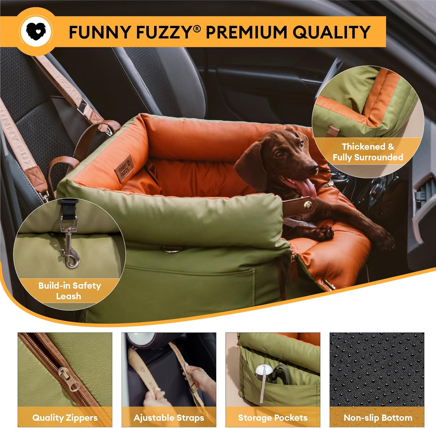 FUNNYFUZZY Leather Dog Car Seat for Small ＆ Medium Sized Dogs Up to 35lbs, Waterproof and Washable Dog Booster Seat Car Bed for Travel and Home,Portable and Safety(Green)