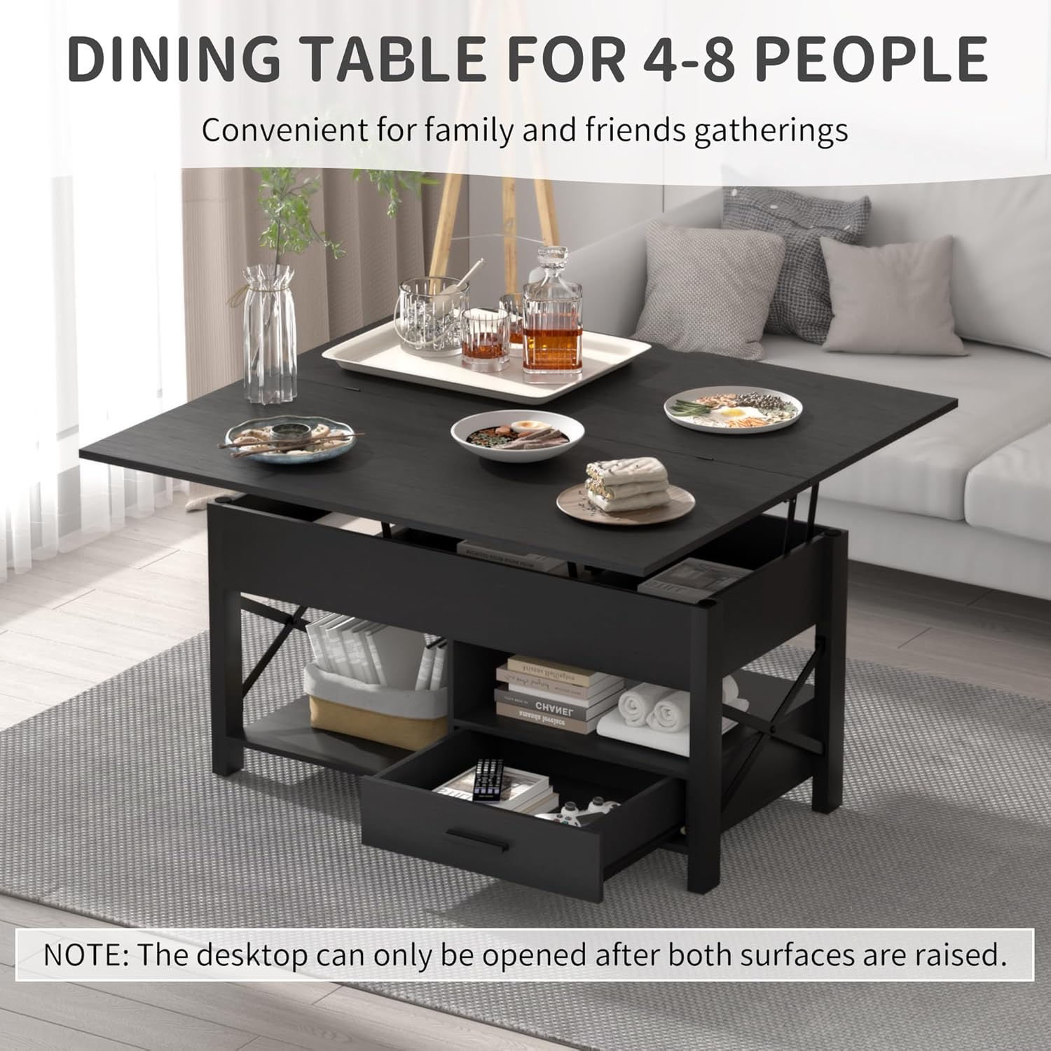 Lift Top Coffee Table with Storage, Convertible Coffee Table Converts to Dining Table, Farmhouse Coffee Tables with Lifting Top, Center Table for Living Room with Drawer and Hidden Compartment, Black