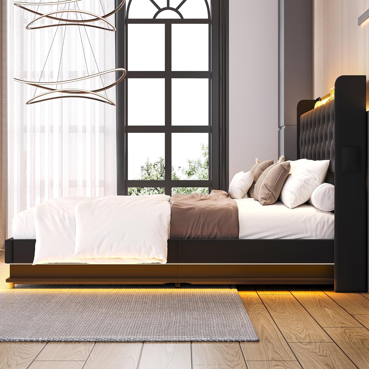 Lift Up Storage Bed Frame Queen Size with Charging Station & Led Lights, Black Upholstered Platform Bed with Wingback Storage Headboard with Pocket, Hydraulic Lift System,No Box Spring Needed