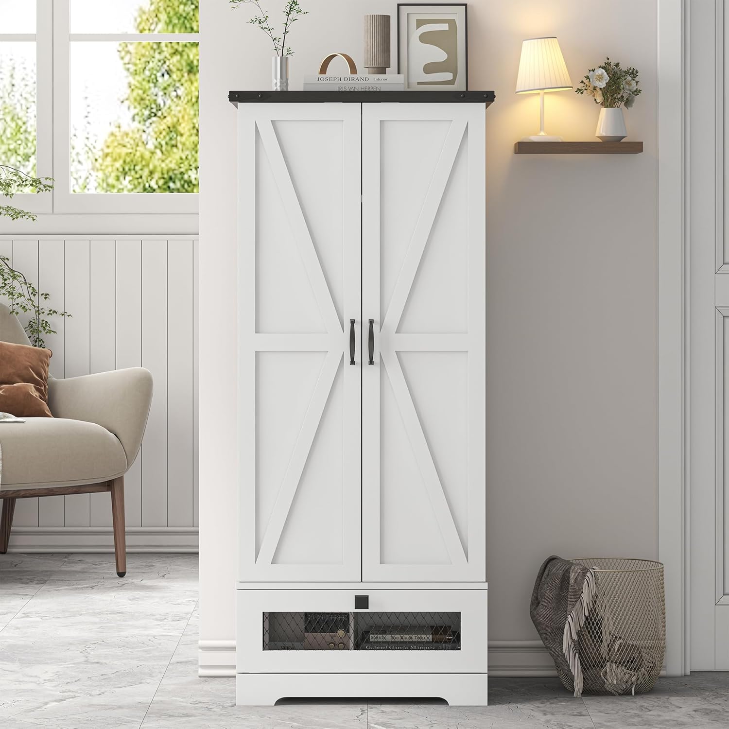 55'' Pantry Storage Cabinet with Adjustable Shelves and Drawer, Buffet Cupboard for Kitchen, Living Room, Bathroom, Dining Room
