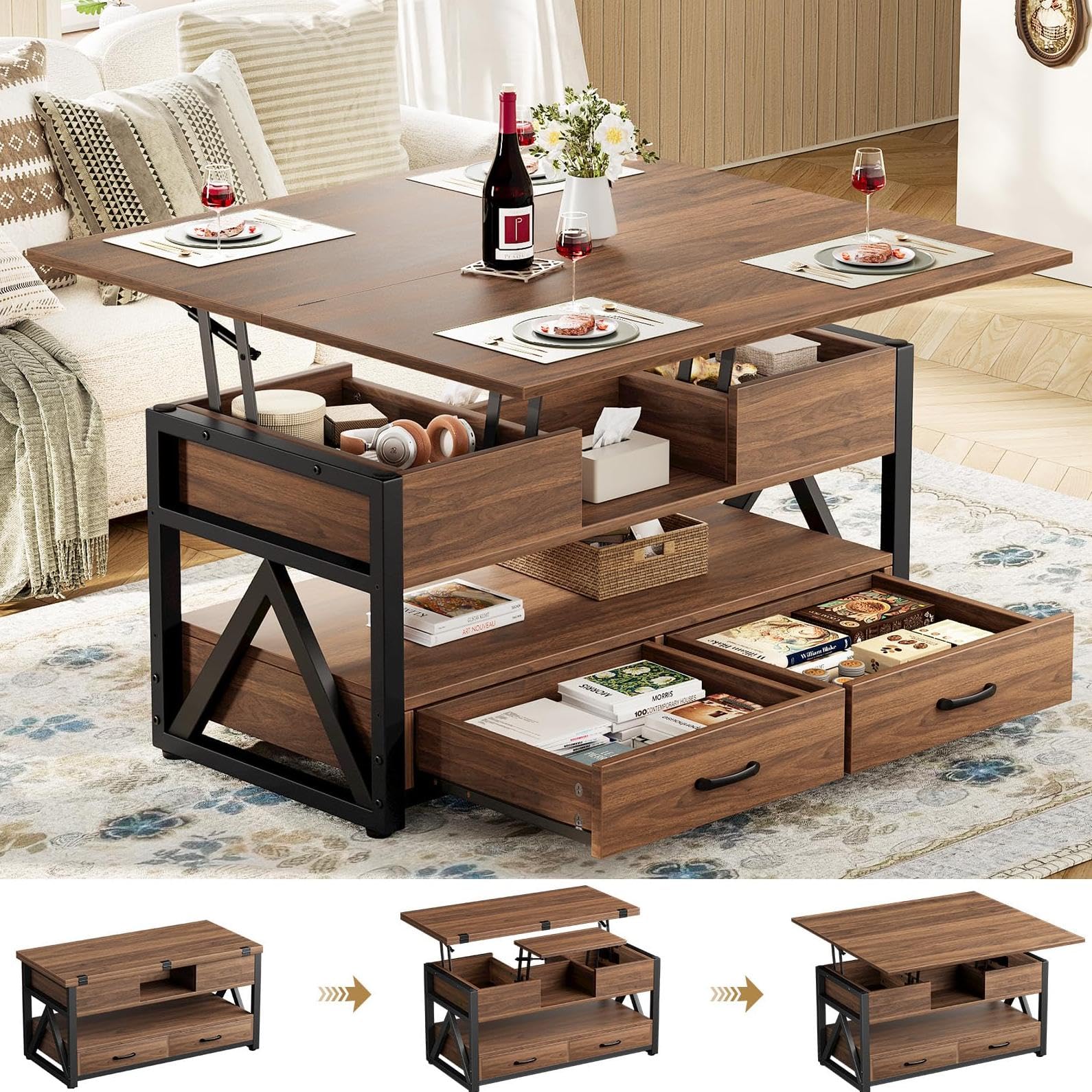 40" Lift Top Coffee Table,4 in 1 Multi-Function Lift Coffee Tables with Storage Drawers and Hidden Compartmen,Farmhouse Coffee Table with Lifting top for Living Room,Black