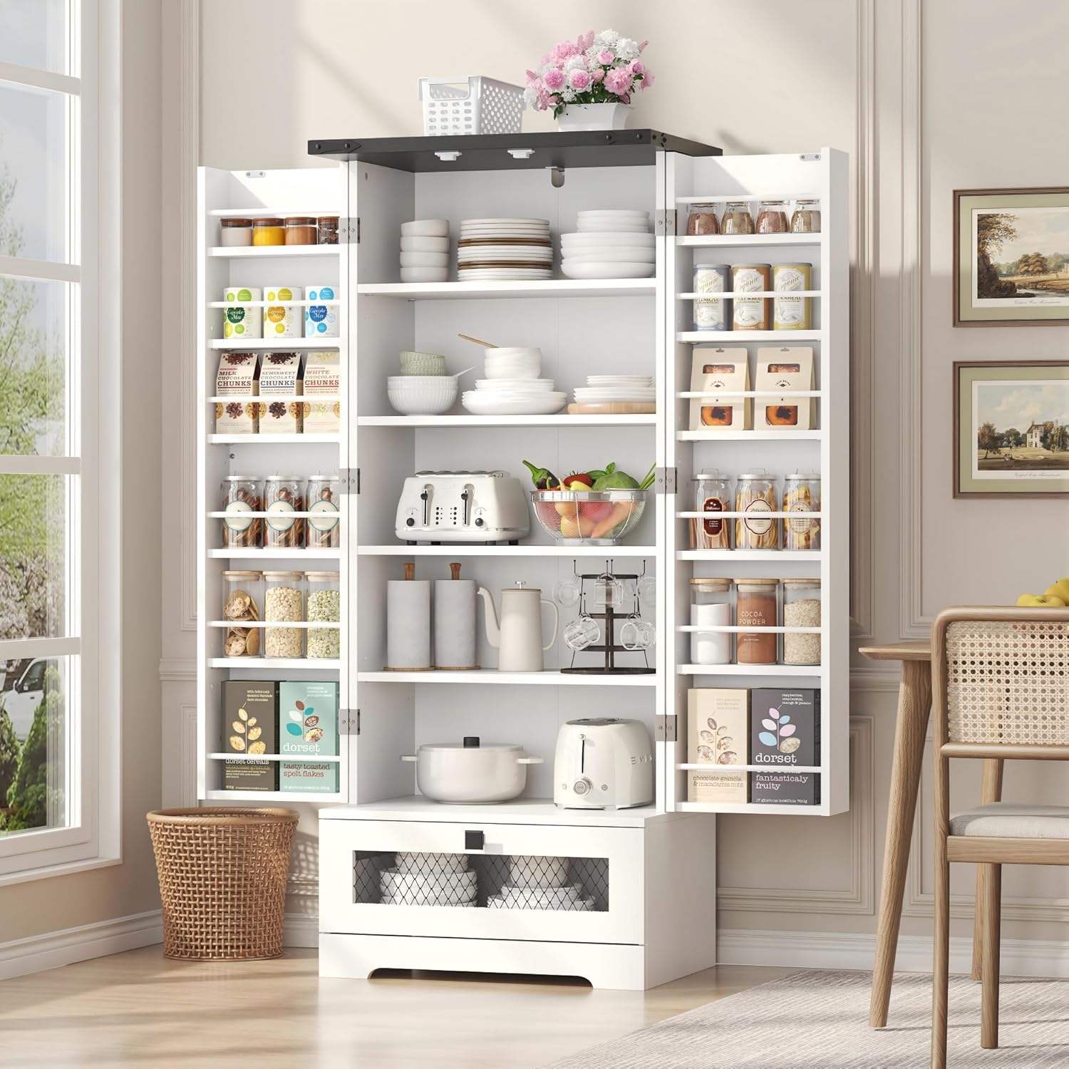 55'' Pantry Storage Cabinet with Adjustable Shelves and Drawer, Buffet Cupboard for Kitchen, Living Room, Bathroom, Dining Room