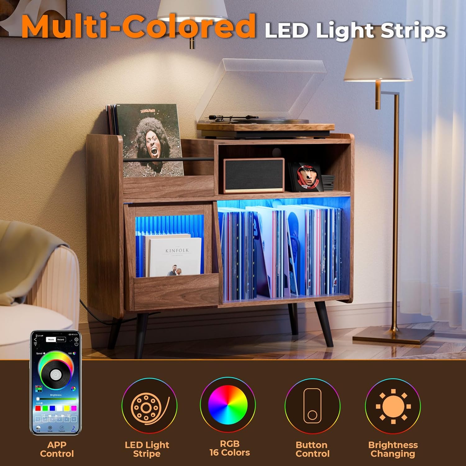 Large Record Player Stand,Turntable Stand Shelf with with Power Outlet and LED Light,Vinyl Record Storage Cabinet Up to 350 Albums, Wood Record Player Holder Table for Living Room