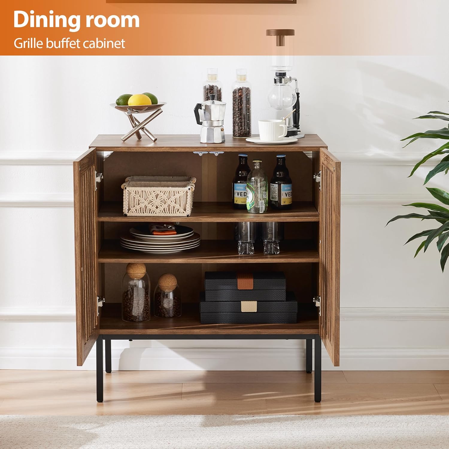 Grille Buffet Cabinet with Storage, Sideboards 2 Doors with Metal Base and Adjustable Shelf for Kitchen, Coffee Bar, Dining Room, Entryway, Hallway,Living Room