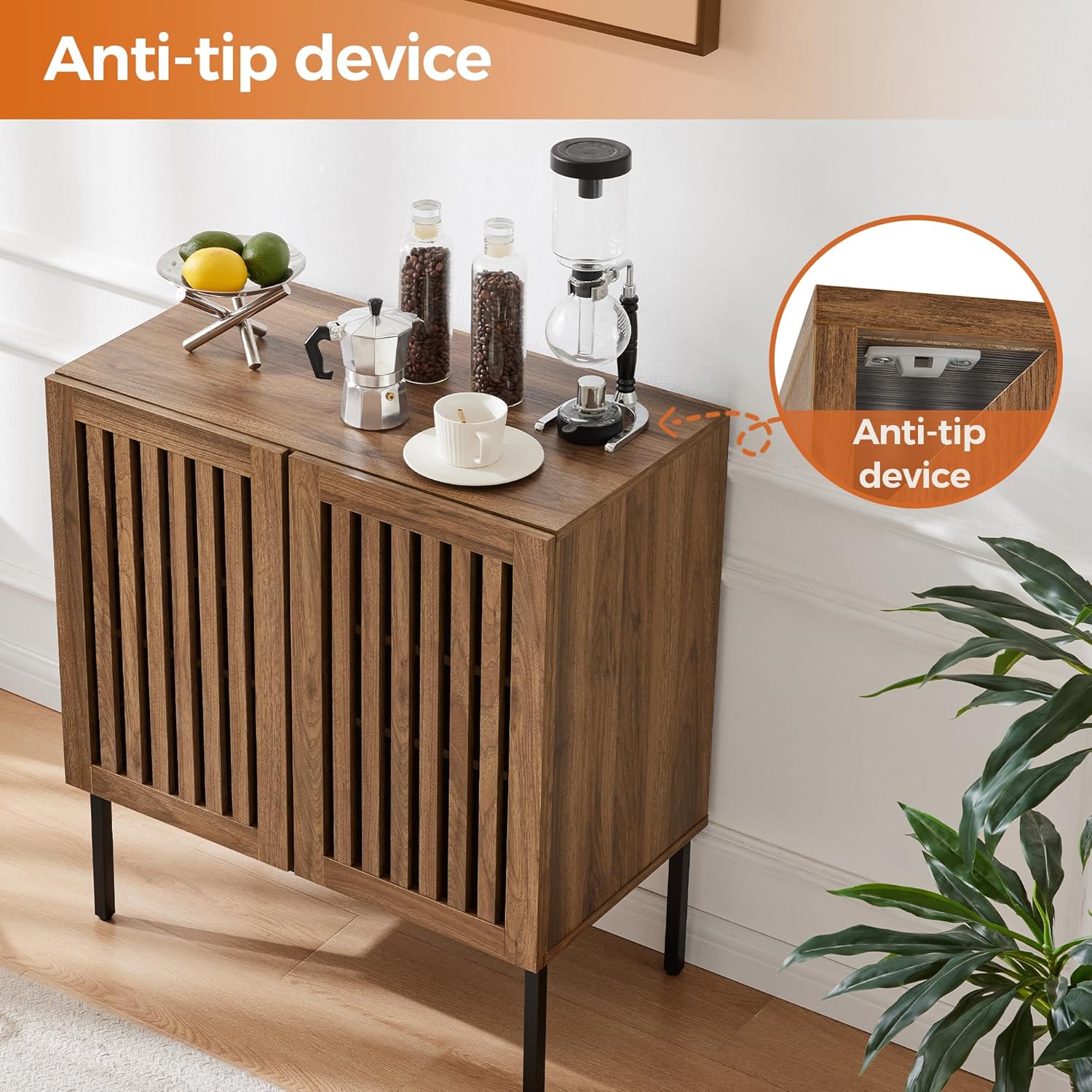 Grille Buffet Cabinet with Storage, Sideboards 2 Doors with Metal Base and Adjustable Shelf for Kitchen, Coffee Bar, Dining Room, Entryway, Hallway,Living Room