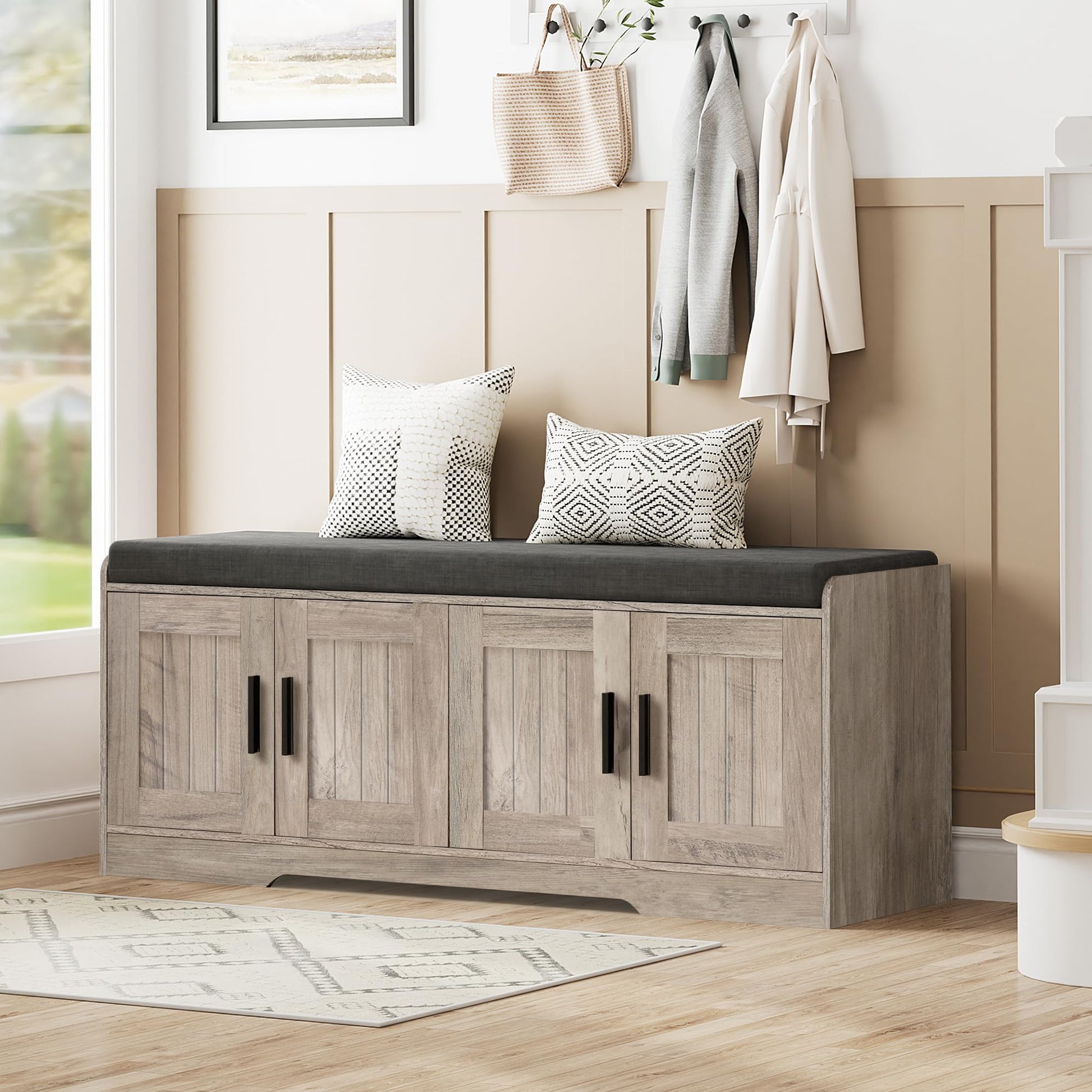 2-Tier Storage Bench, Shoe Bench with Thickened Padded Seat Cushion, Entryway Bench with 4 Doors, Adjustable Shelf, 13.8" D x 45.3" W x 18.5" H, for Entryway, Living Room, Bedroom, White