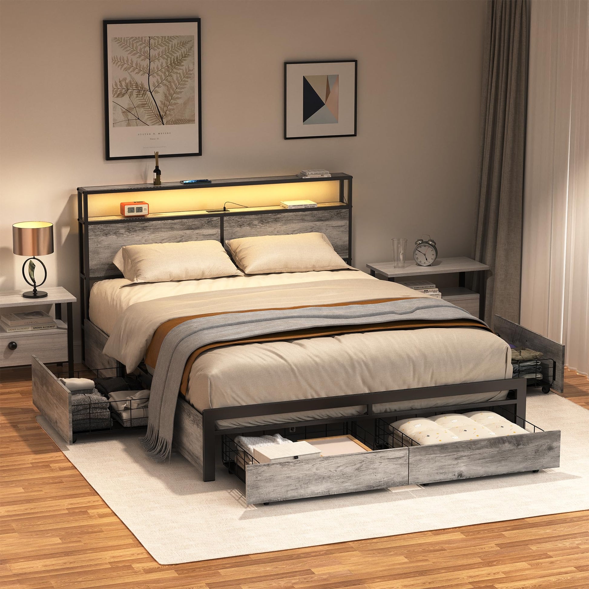 Full Bed Frame with Storage Headboard and 4 Drawers Bed Frame Full Size with Charging Station LED Lights Metal Platform Non-Slip Without Noise No Box Spring Needed