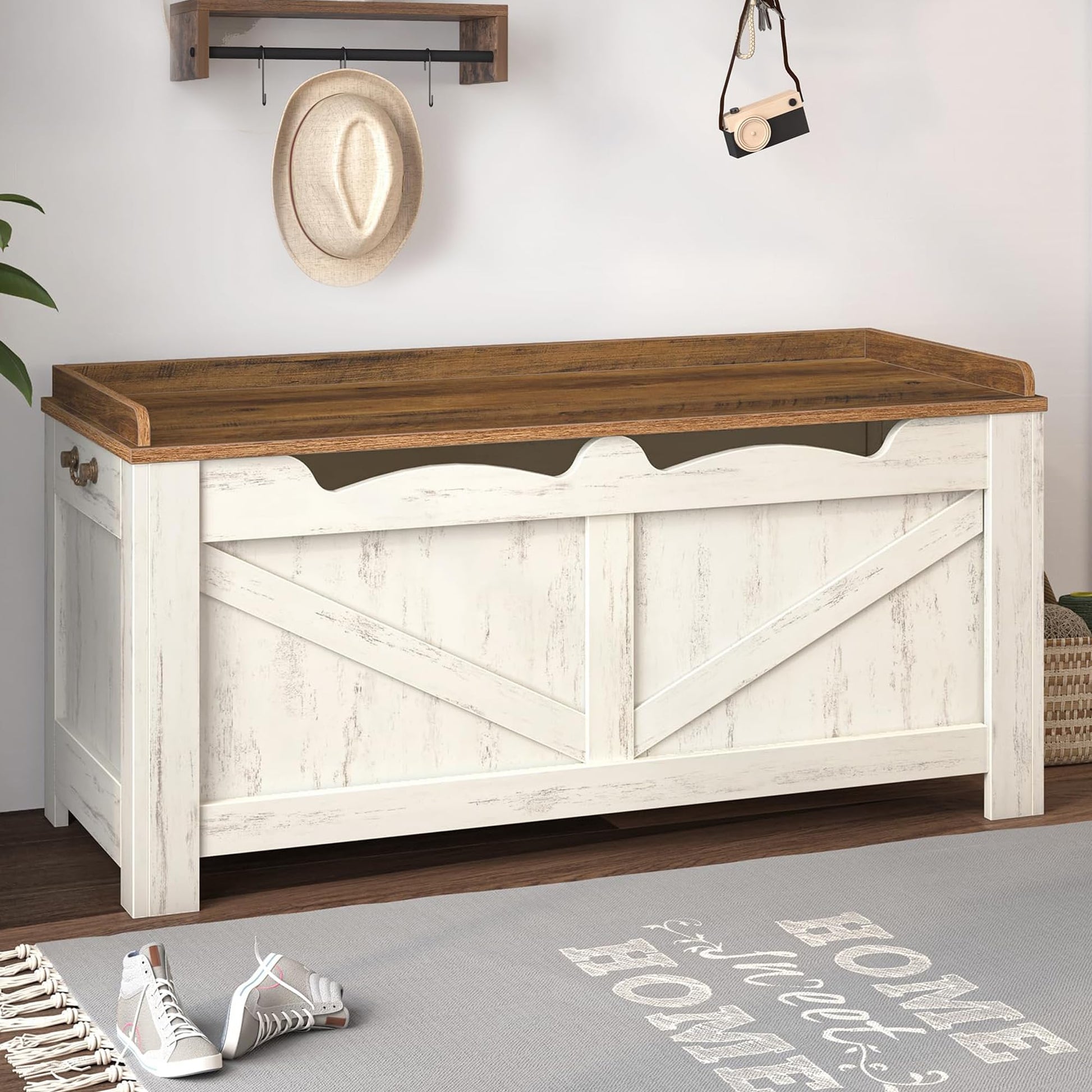 39.4" Storage Chest, Extra Large Storage Trunk with 2 Safety Hinges, Wooden Box Bench, Lift-Top Organizer Chest, Shoe Bench for Entryway, Bedroom, Living Room, White SB04503X