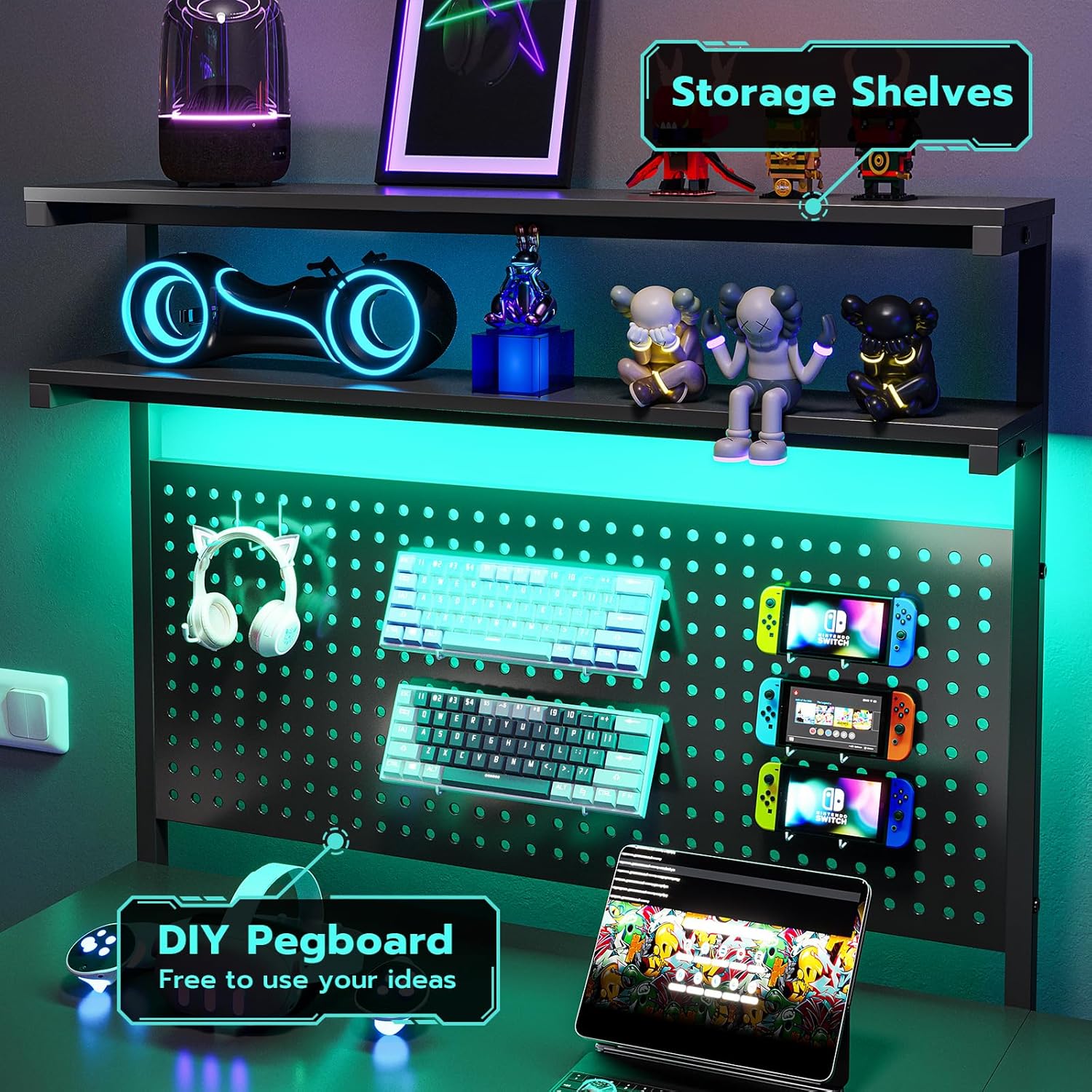 SEDETA L Shaped Gaming Desk with LED Lights, Pegboard and Drawers, Gaming Desk with Hutch, Computer Desk with Monitor Stand, Storage Shelves, Home Office Desk Corner Desk, Gaming Table, Black