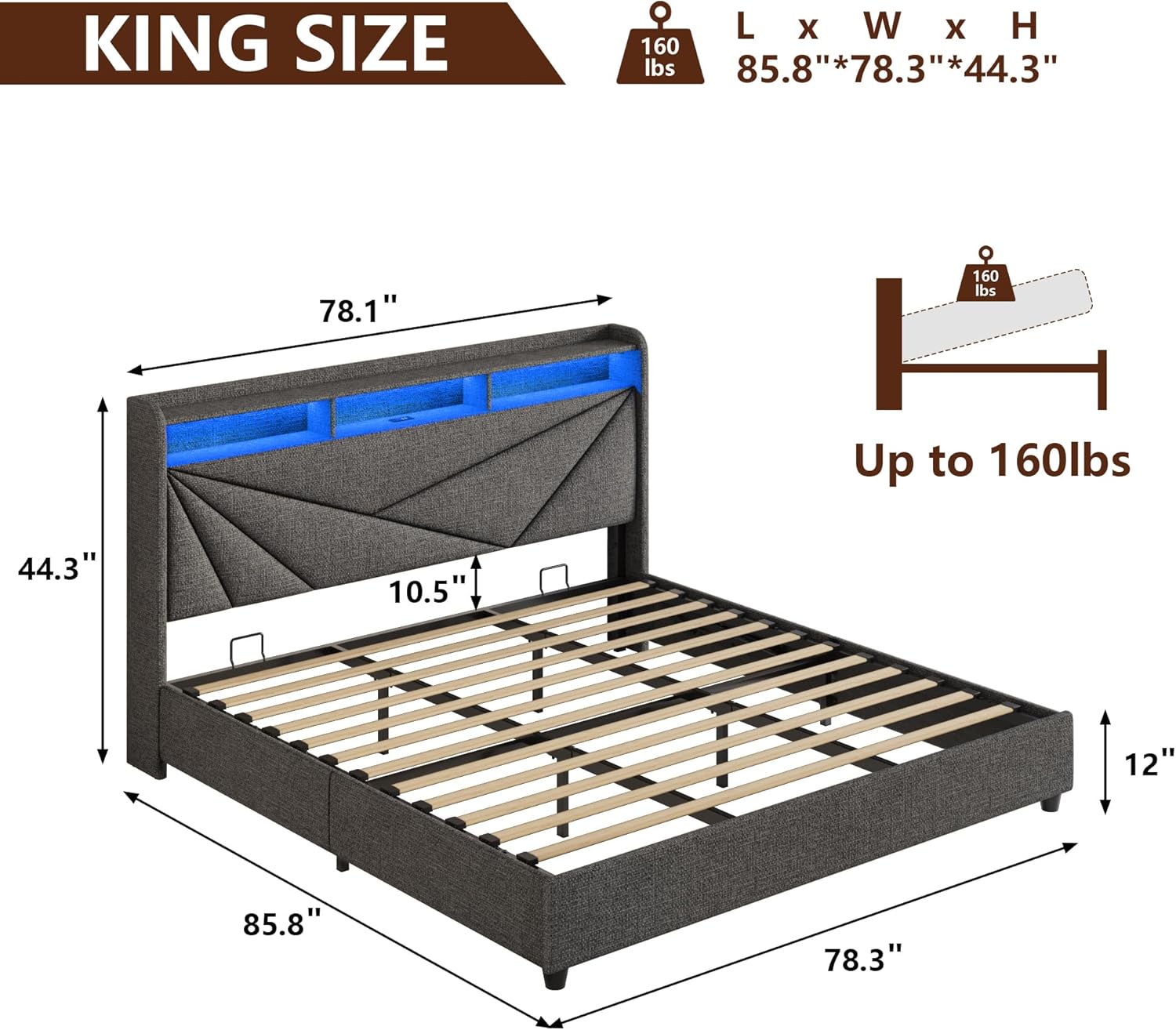 King Size Bed Frame with Storage, Lift Up Upholstered King Bed Frame with Charging Station and LED Lights Headboard, No Box Spring Needed, Easy Assembly - Dark Grey